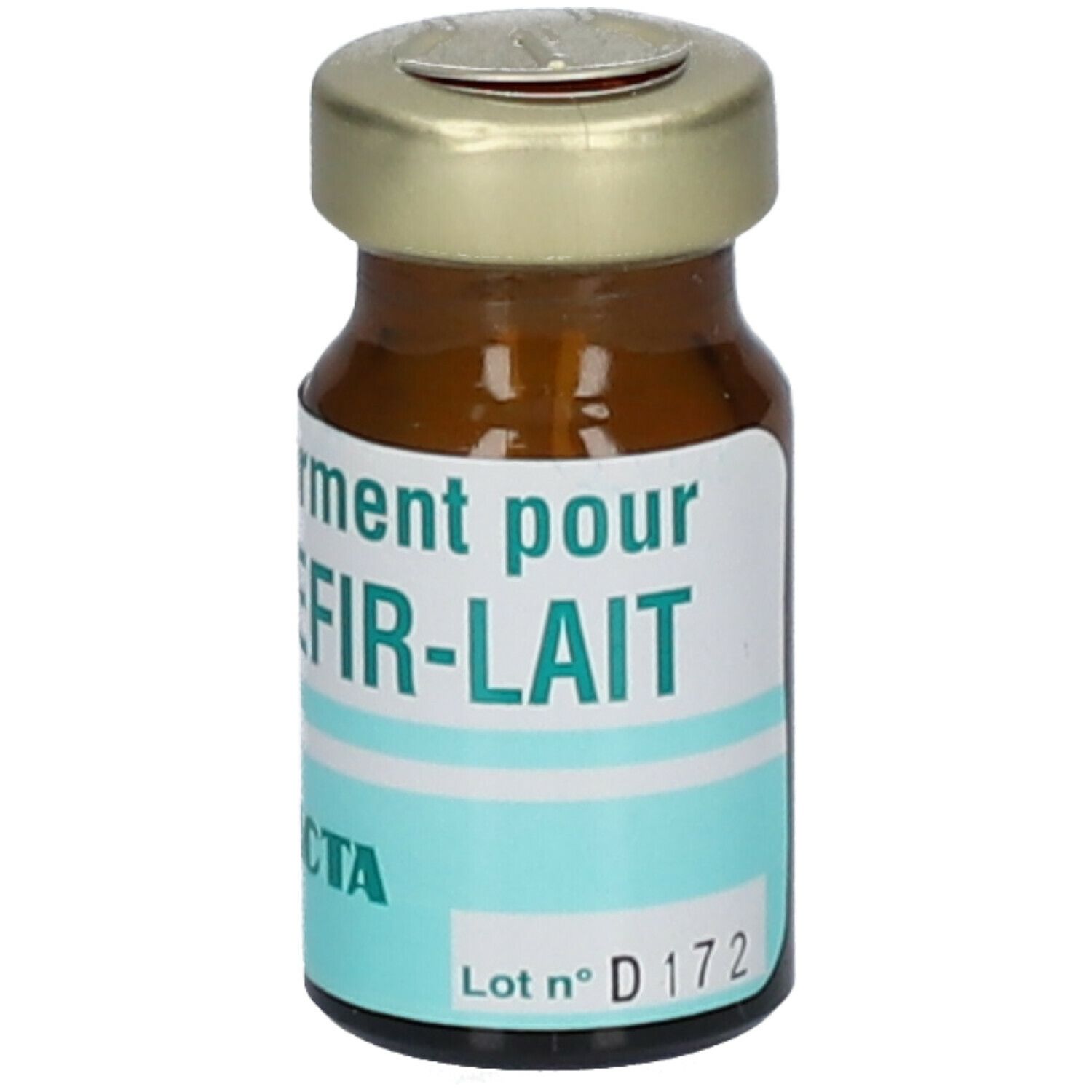 Flacon en verre brun avec étiquette 'Ferment pour KEFIR-LAIT' et lot D172.