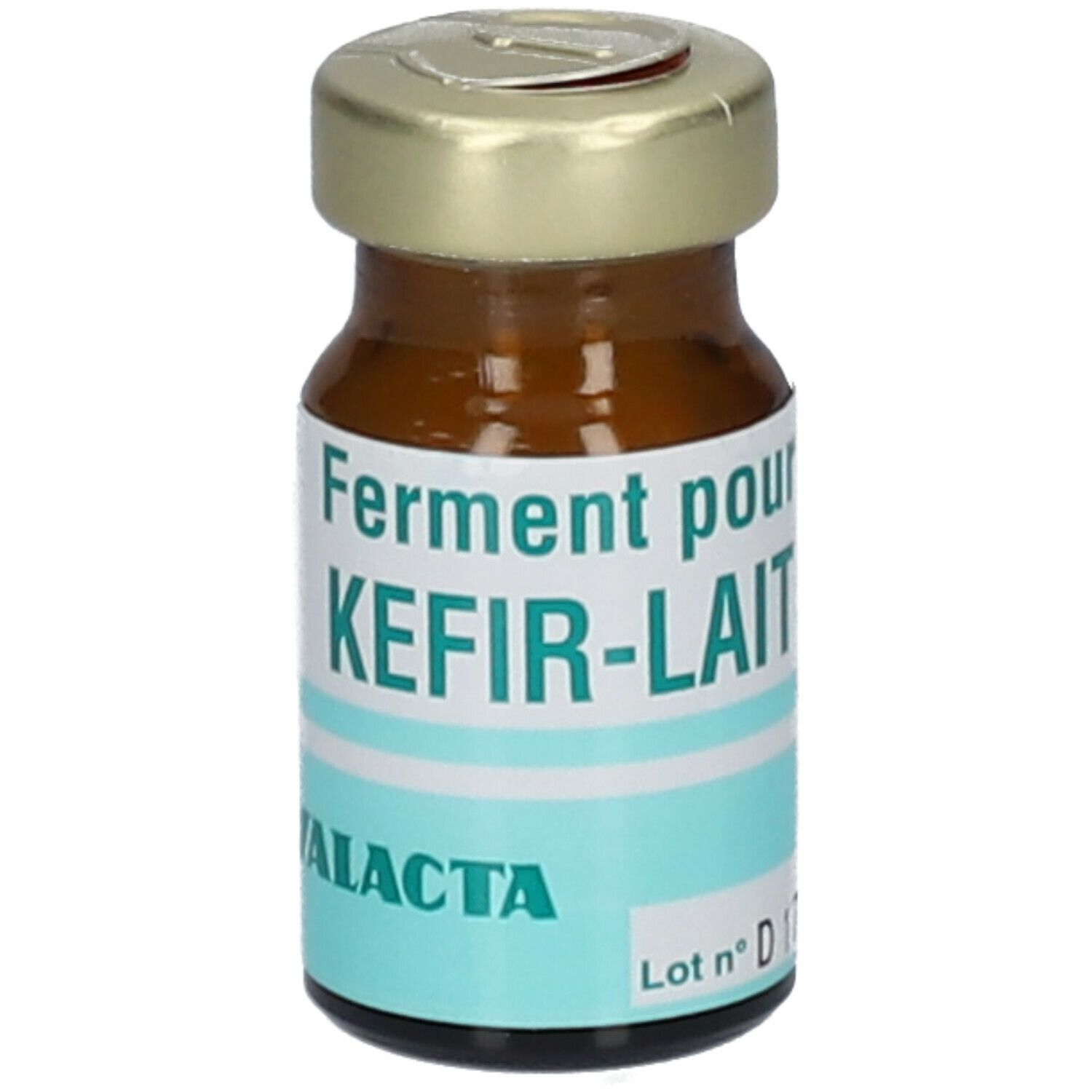 Flacon en verre brun avec étiquette 'Ferment pour KEFIR-LAIT' et 'YALACTA'.
