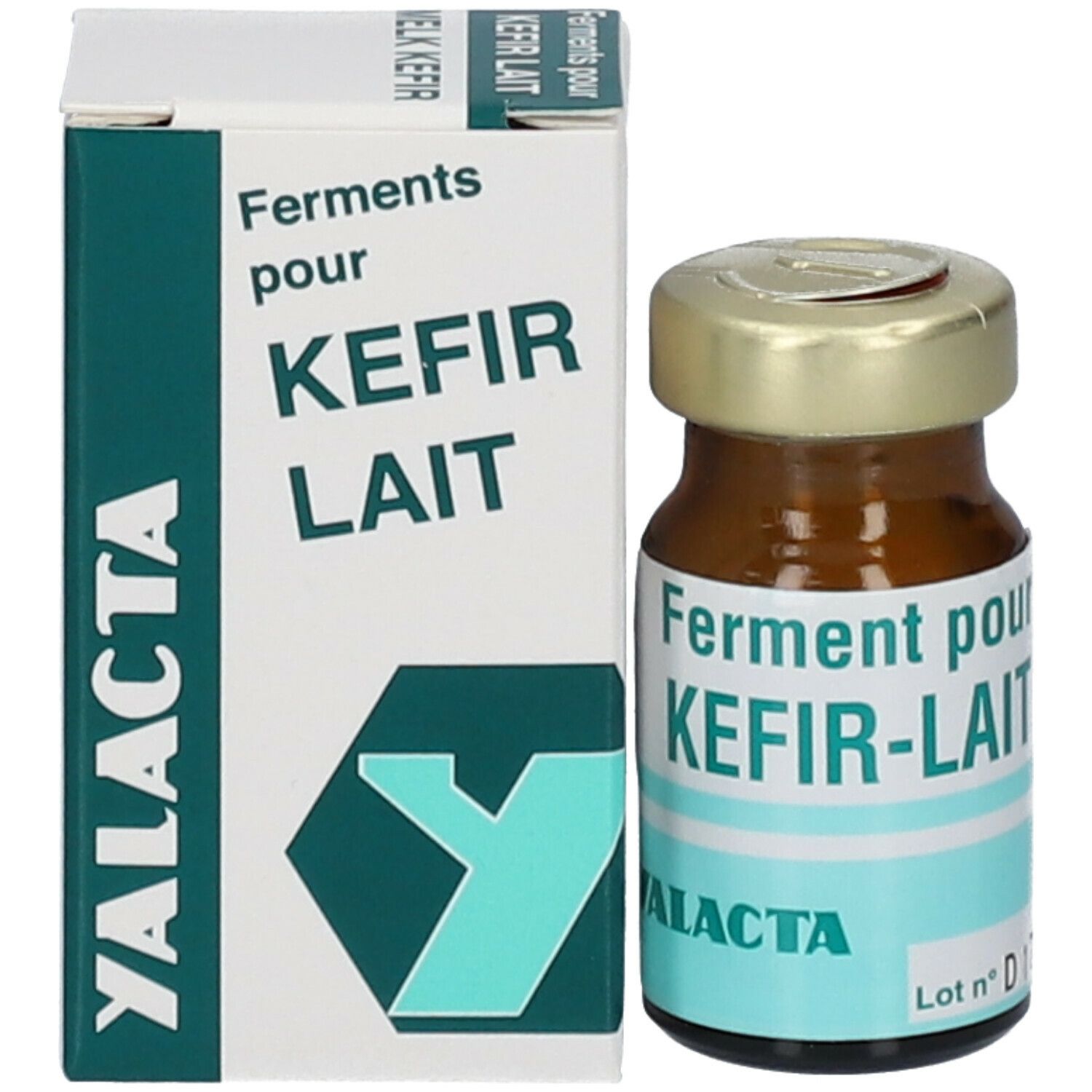 Flacon et emballage avec 'Ferments pour KEFIR LAIT' et 'YALACTA'.