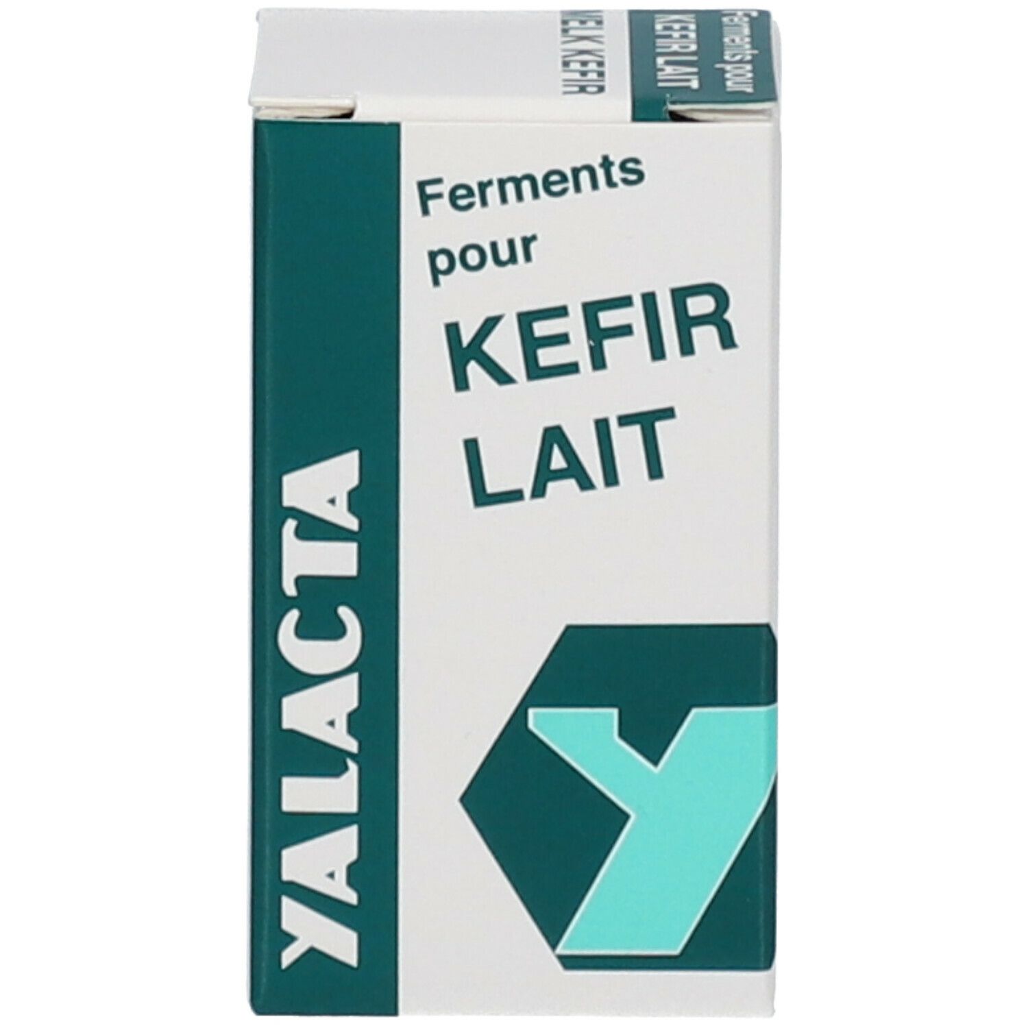 Emballage blanc avec 'Ferments pour KEFIR LAIT' et 'YALACTA'.