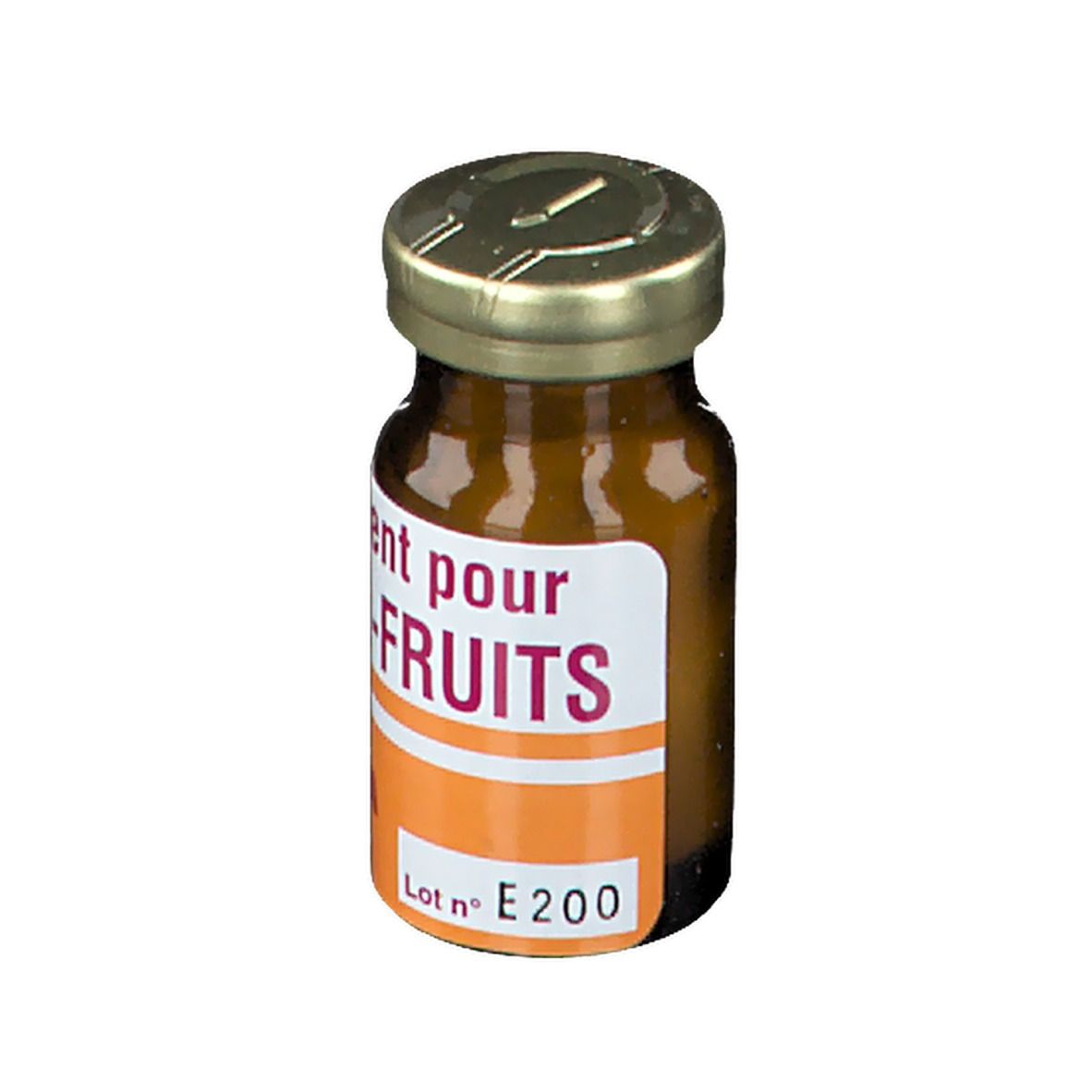 Flacon en verre brun avec bouchon doré. Étiquette avec texte: Ferment pour FRUITS. Bande orange. Numéro de lot.