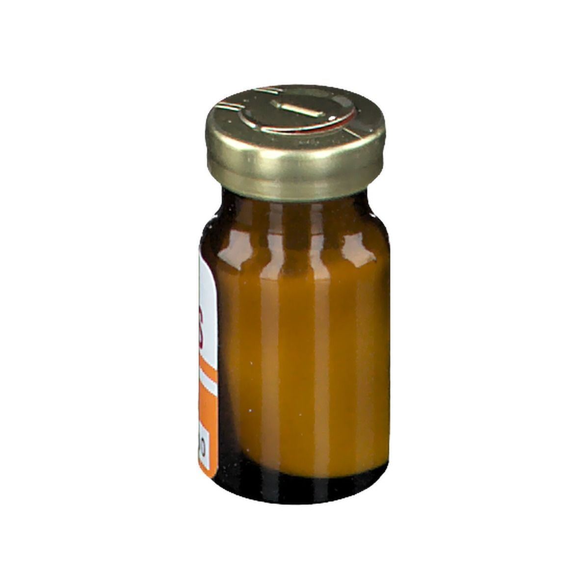 Flacon en verre brun avec bouchon doré. Étiquette partiellement visible. Bande orange. Verre brun.
