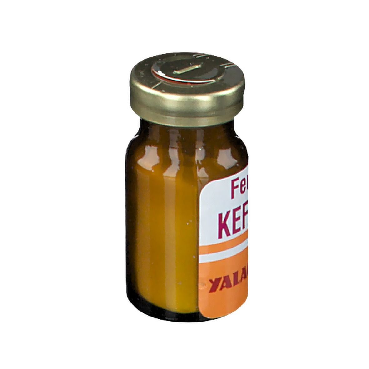 Flacon en verre brun avec bouchon doré. Étiquette avec texte: Ferment KEFIR. YALACTA. Bande orange.