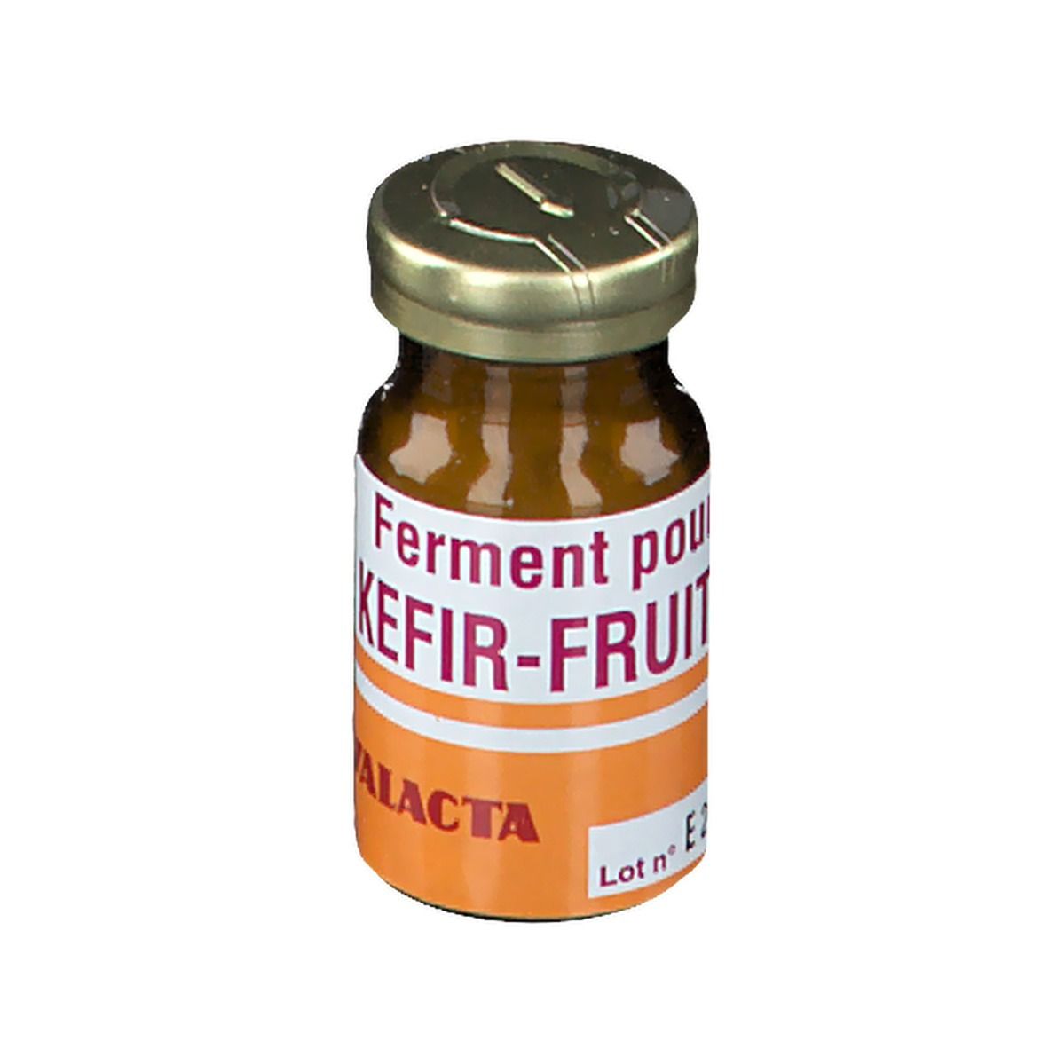 Flacon en verre brun avec bouchon doré. Étiquette avec texte: Ferment pour KEFIR-FRUIT. YALACTA. Bande orange.