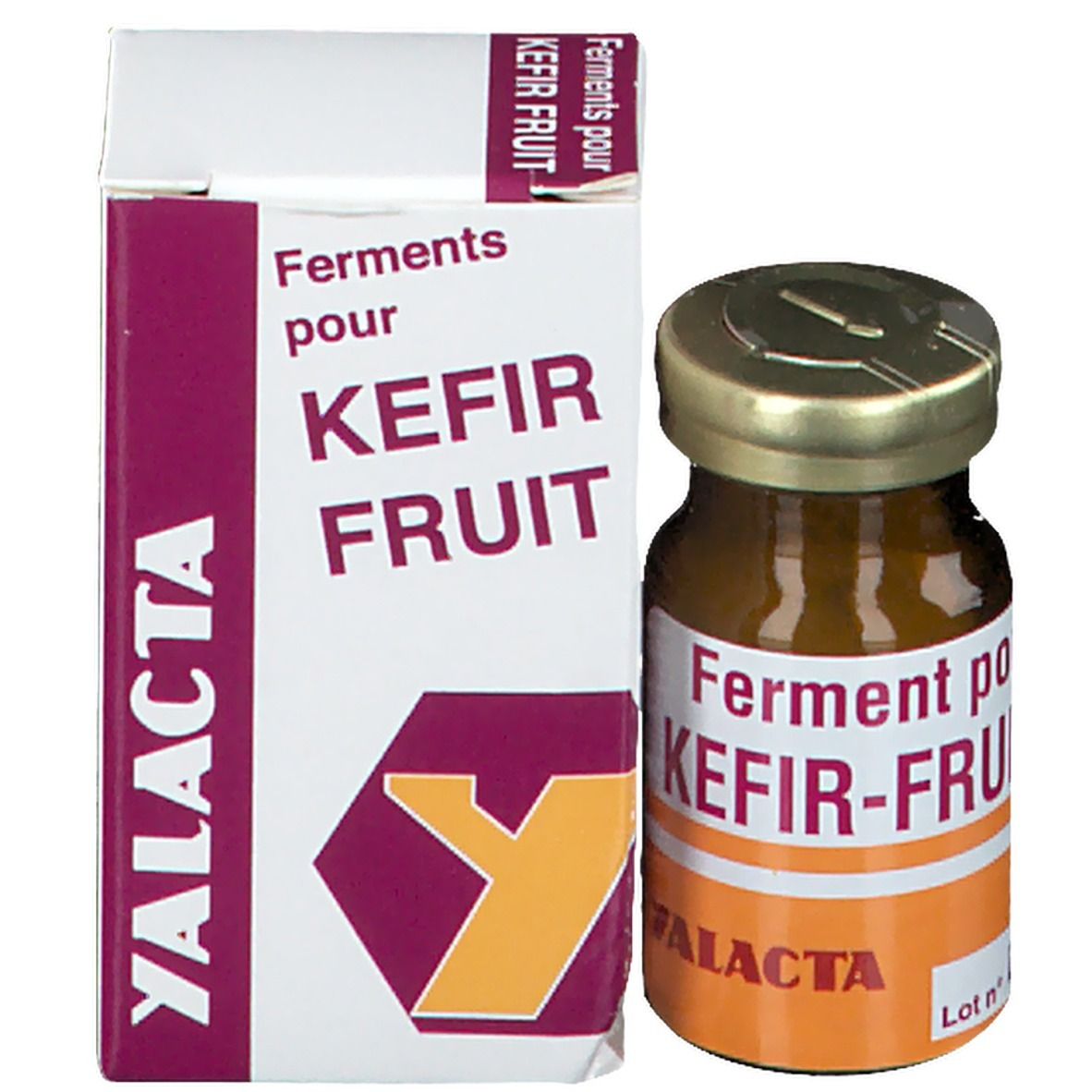 Emballage et flacon. Emballage avec texte: Ferments pour KEFIR FRUIT, YALACTA. Flacon brun avec étiquette.