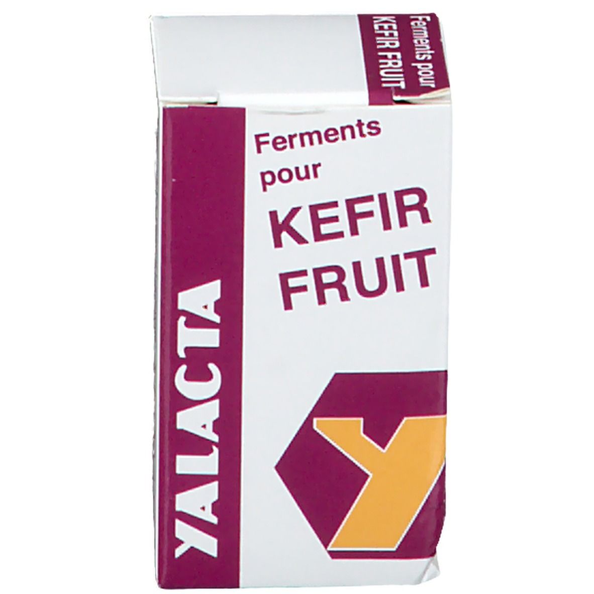 Emballage du produit. Texte: Ferments pour KEFIR FRUIT, YALACTA. Violet et blanc. Logo avec Y jaune.