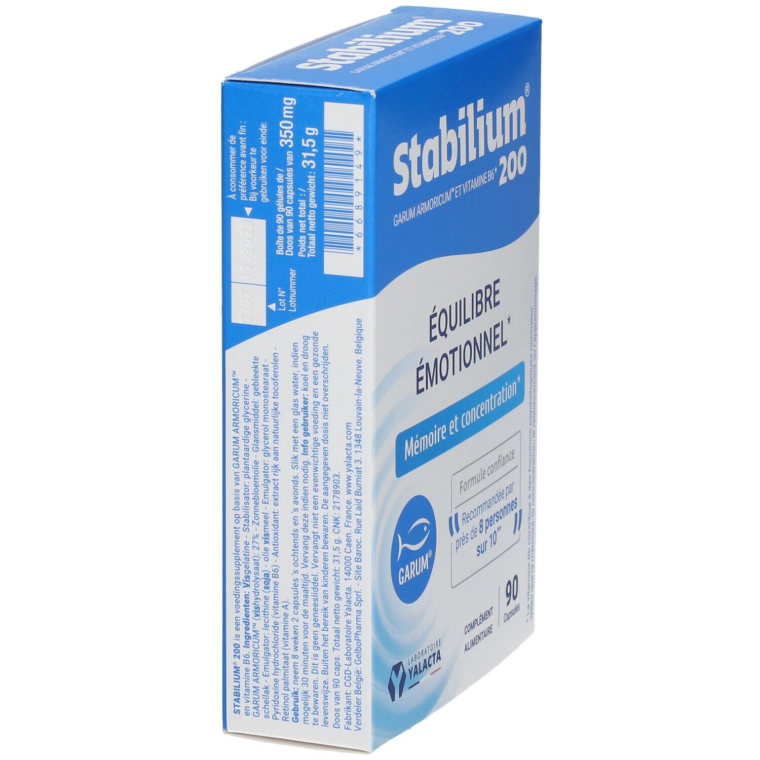 Boîte Stabilium 200 en biais. Emballage bleu avec texte et logo. Contient 90 capsules. Informations sur les ingrédients sur le côté.