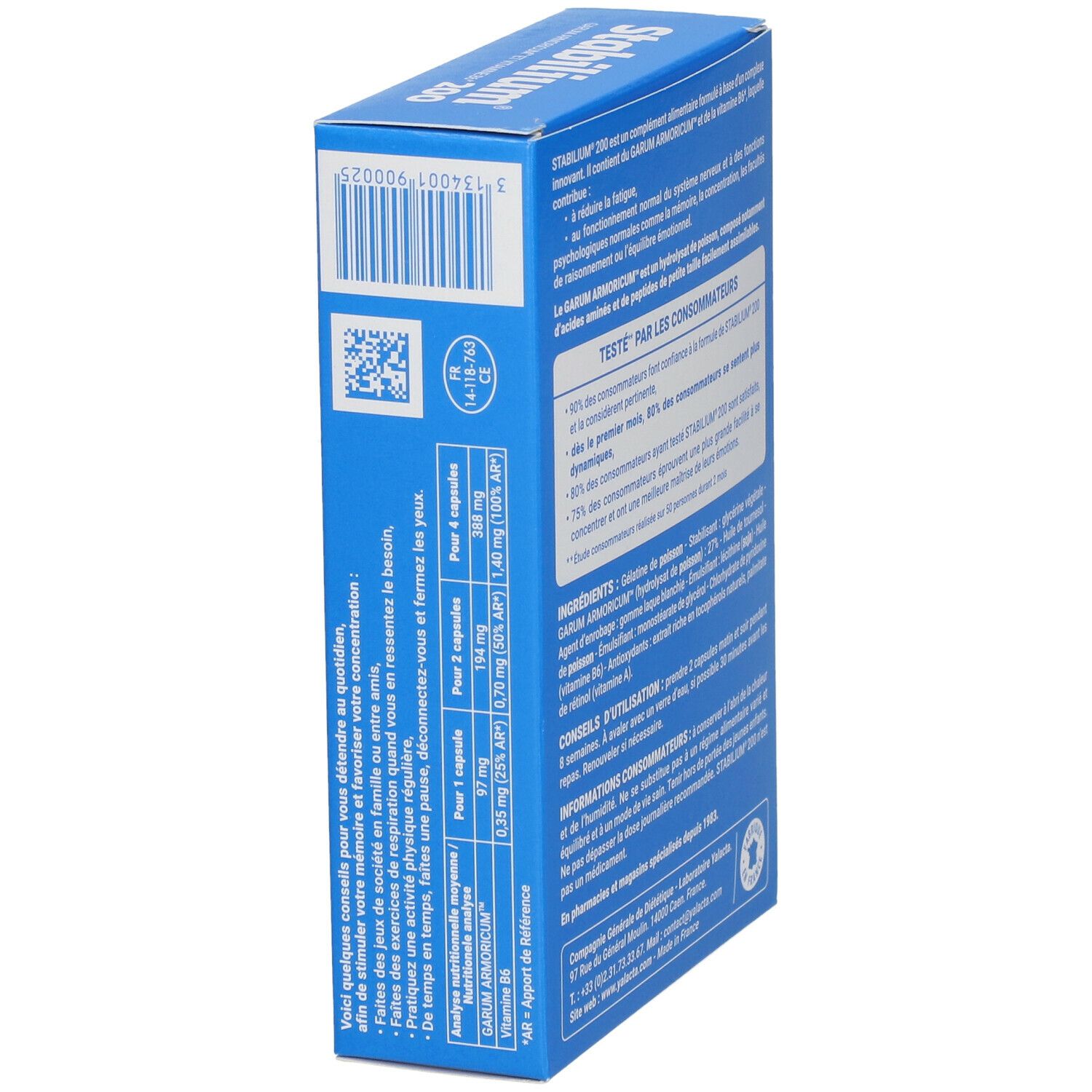 Boîte Stabilium 200 en biais. Emballage bleu avec texte. Contient des informations sur les ingrédients et l'utilisation.