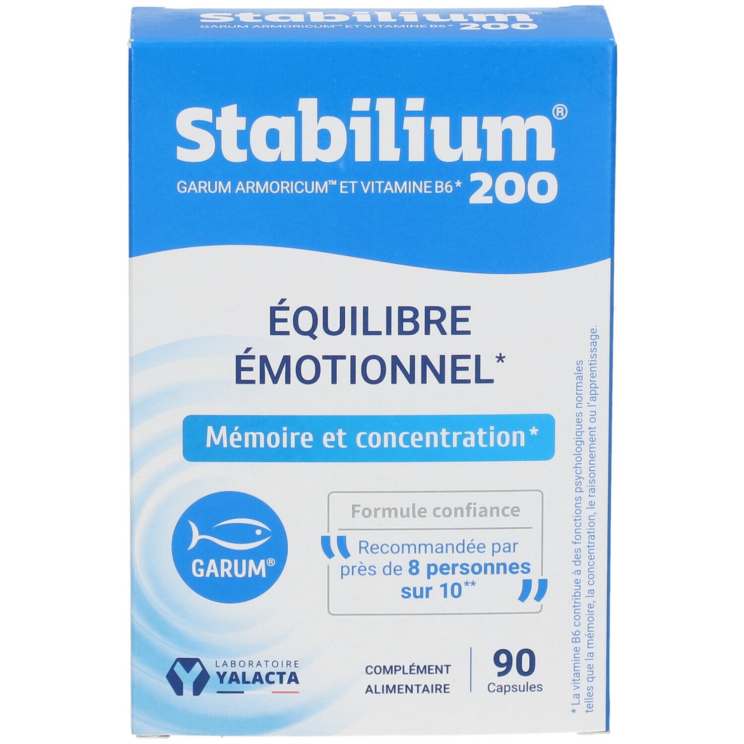 Vue de face de l'emballage Stabilium 200. Emballage bleu avec texte et logo. Contient 90 capsules.