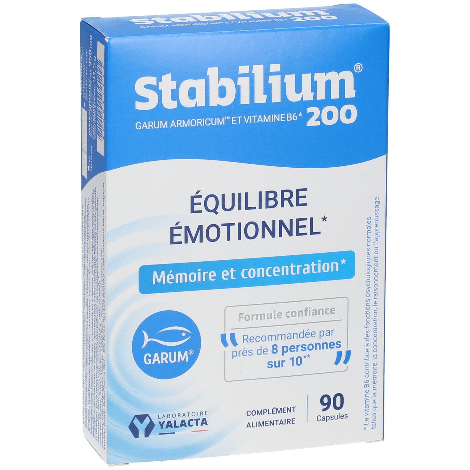 Vue de face de l'emballage Stabilium 200. Emballage bleu avec texte et logo. Contient 90 capsules.