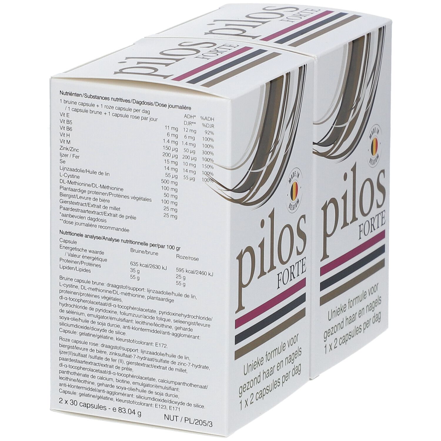 Twee dozen Pilos Forte. Witte verpakking met bruine haarillustraties en rode lijn. Voedingswaarde-informatie op de achterkant.