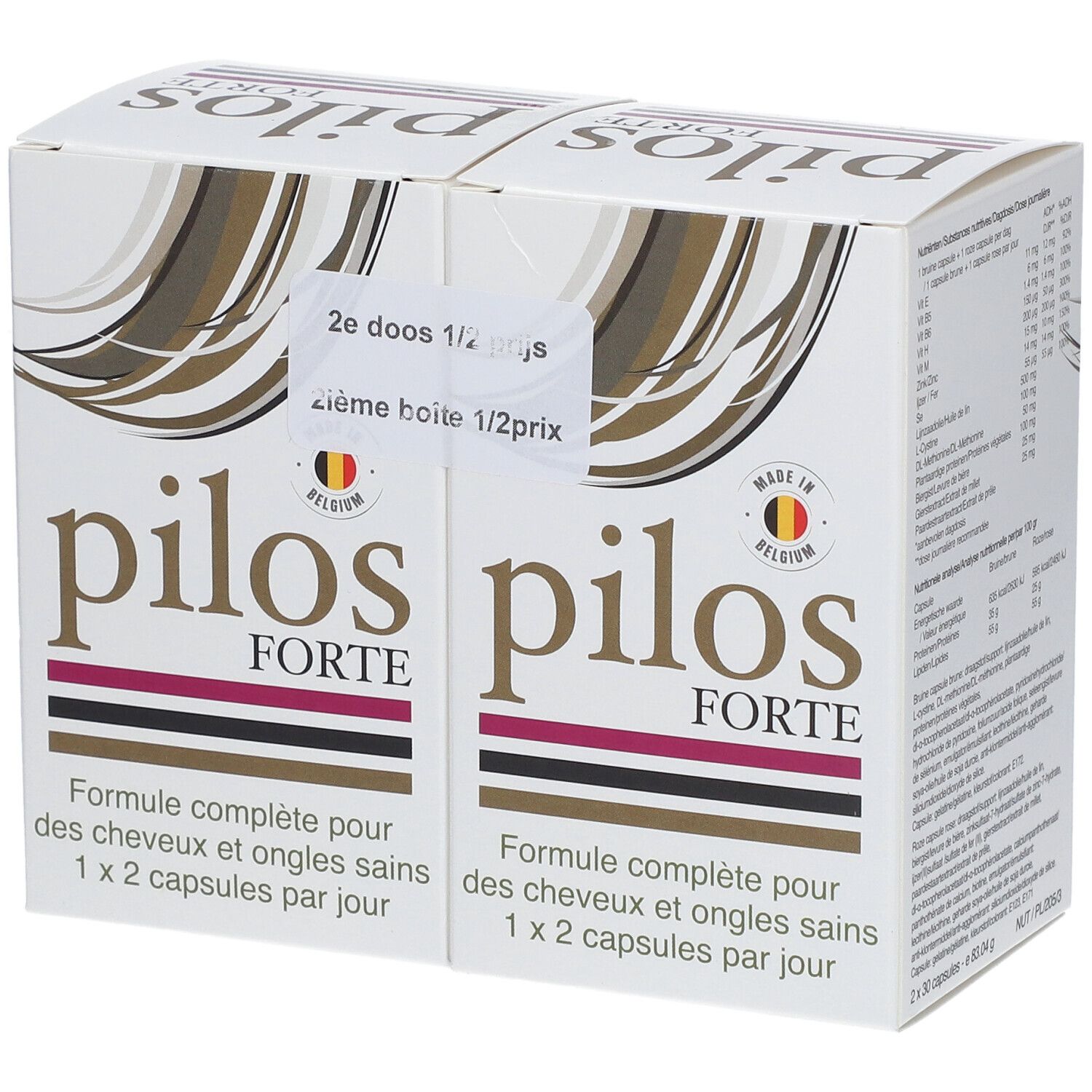 Twee dozen Pilos Forte. Witte verpakking met bruine haarillustraties en rode lijn. Sticker: 2e doos 1/2 prijs.