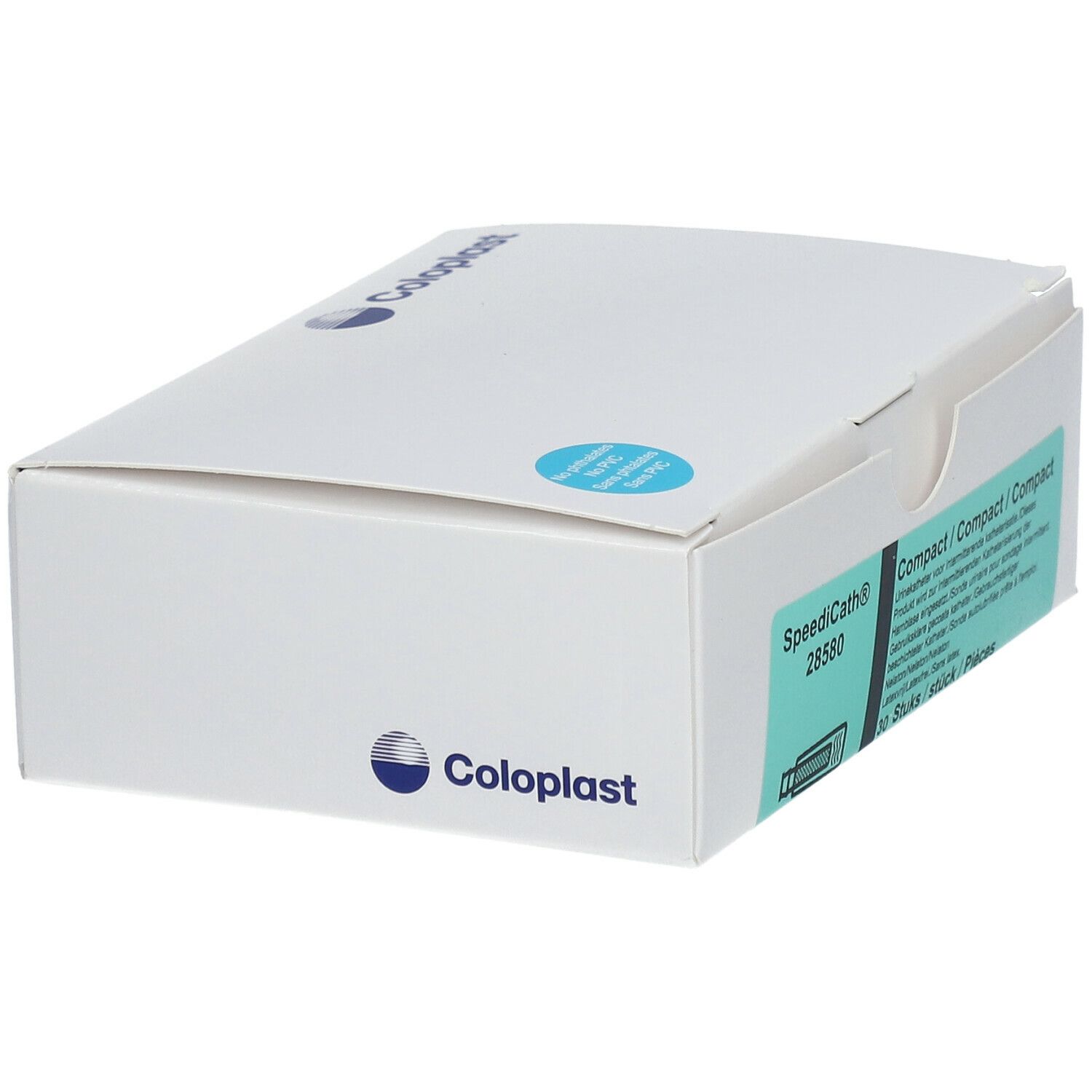 Boîte blanche avec logo Coloplast. Informations produit sur le côté. Inscription SpeediCath 28580 et Compact.