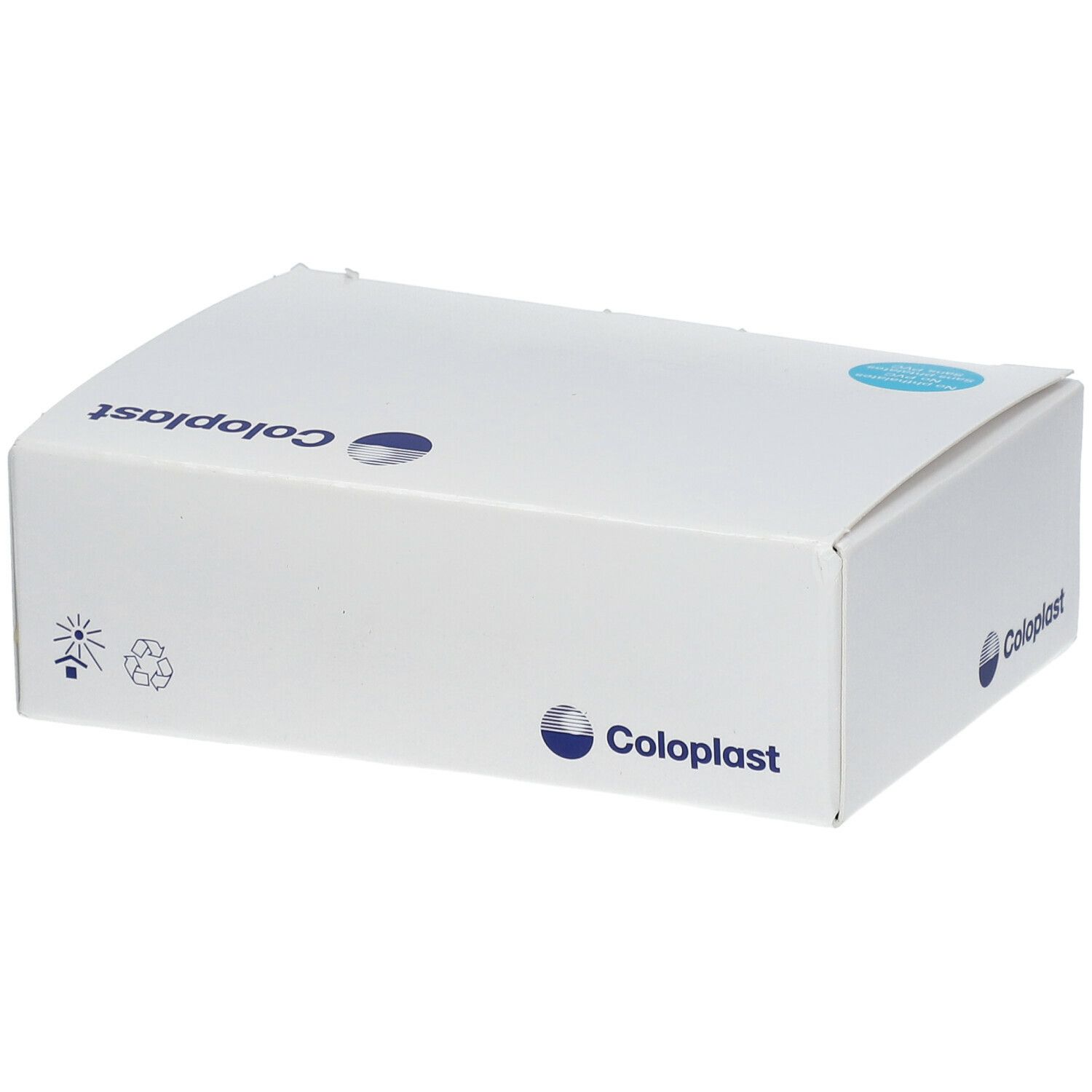 Boîte blanche avec logo Coloplast. Étiquette bleue sur le dessus. Symboles de recyclage.