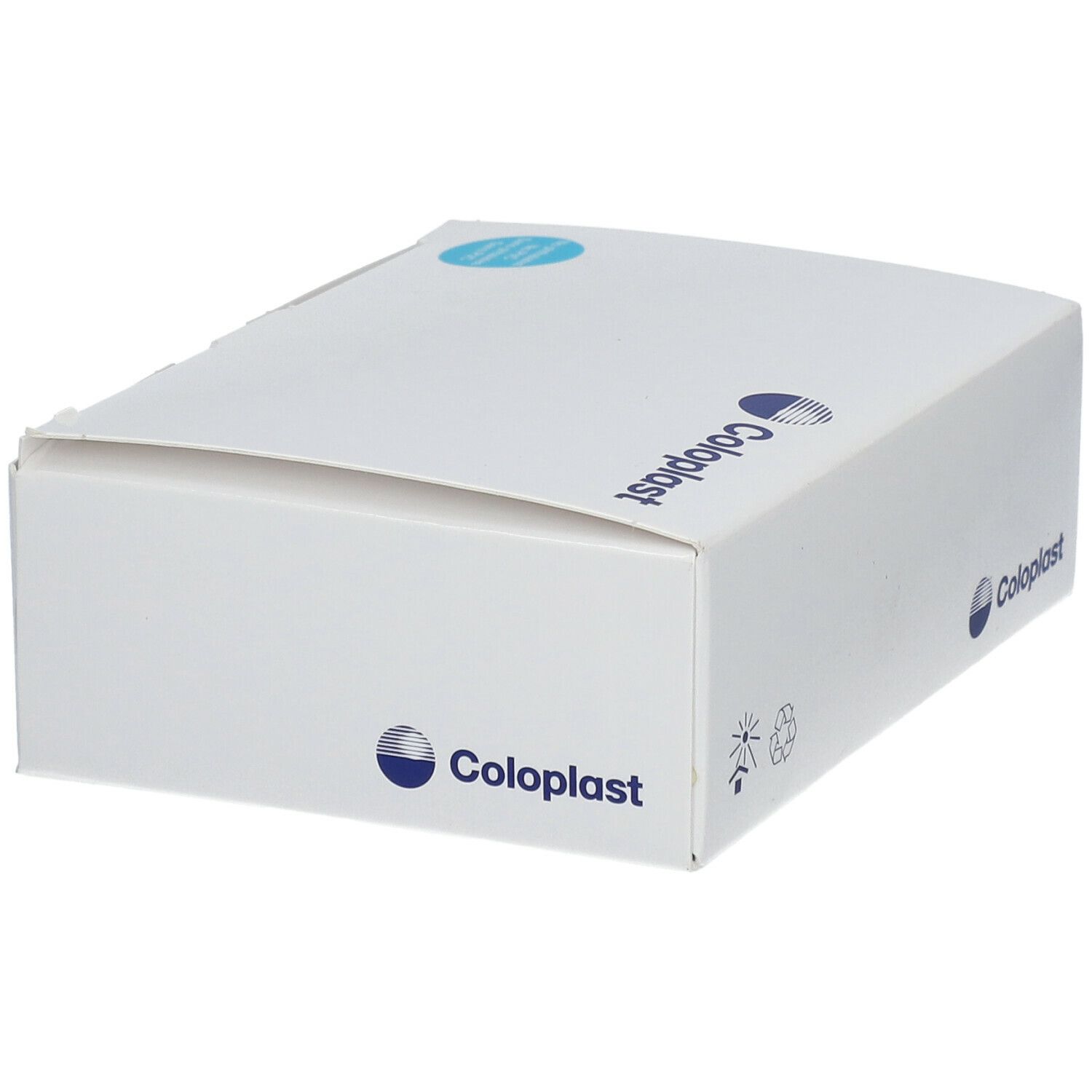 Boîte blanche avec logo Coloplast. Étiquette bleue sur le dessus. Symboles de recyclage.
