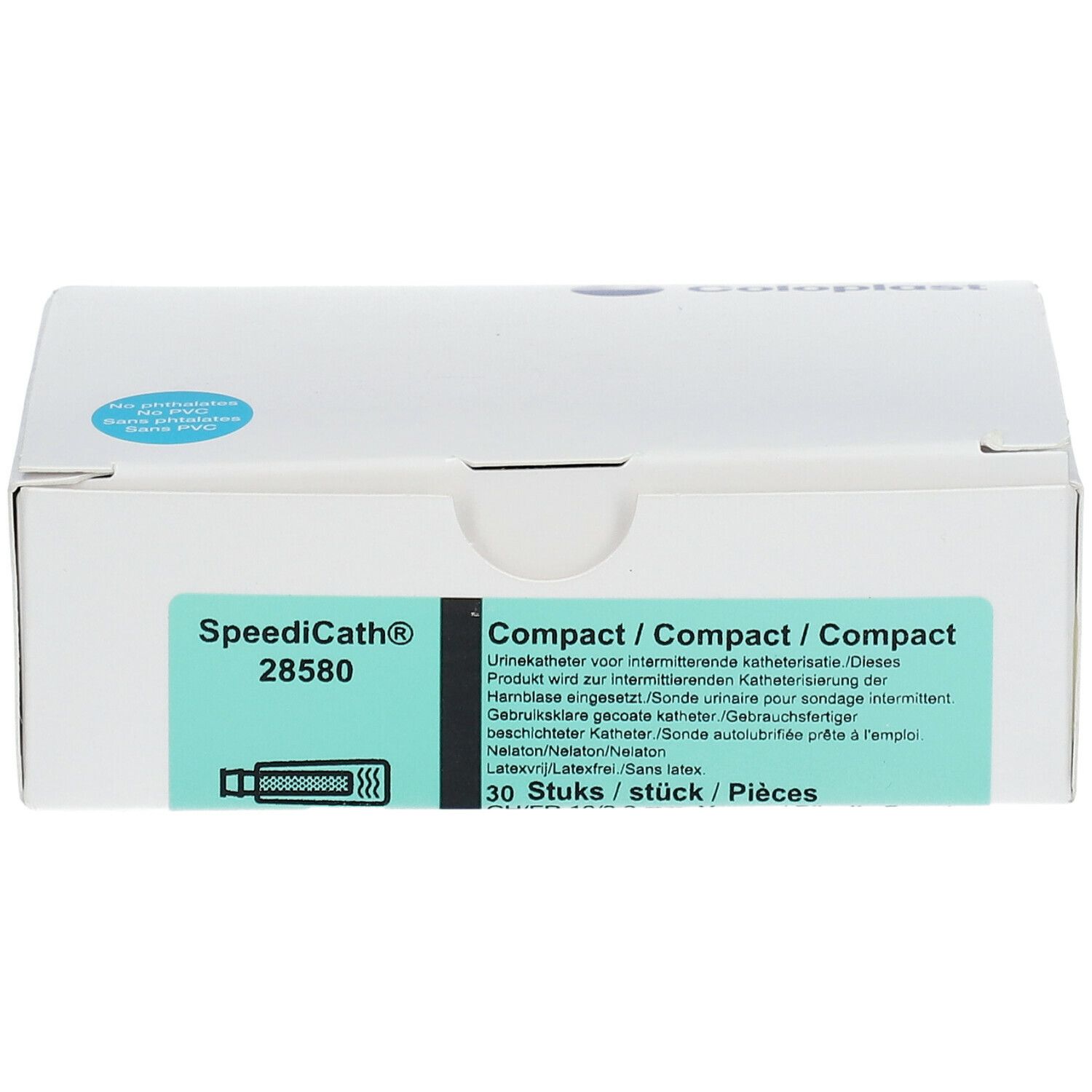 Boîte blanche avec informations produit. Inscription SpeediCath 28580 et Compact. 30 pièces. Logo Coloplast.