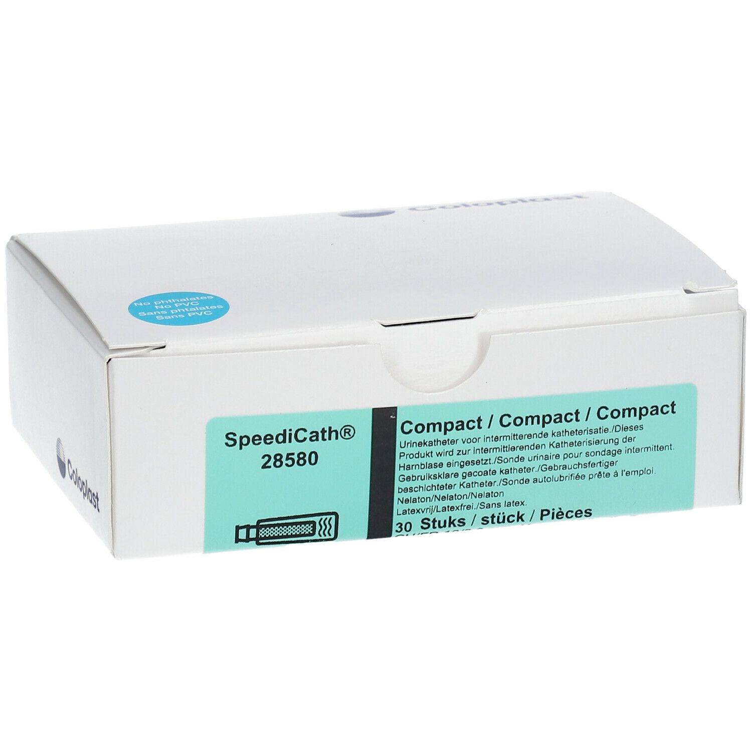 Boîte blanche avec informations produit. Inscription SpeediCath 28580 et Compact. 30 pièces. Logo Coloplast.