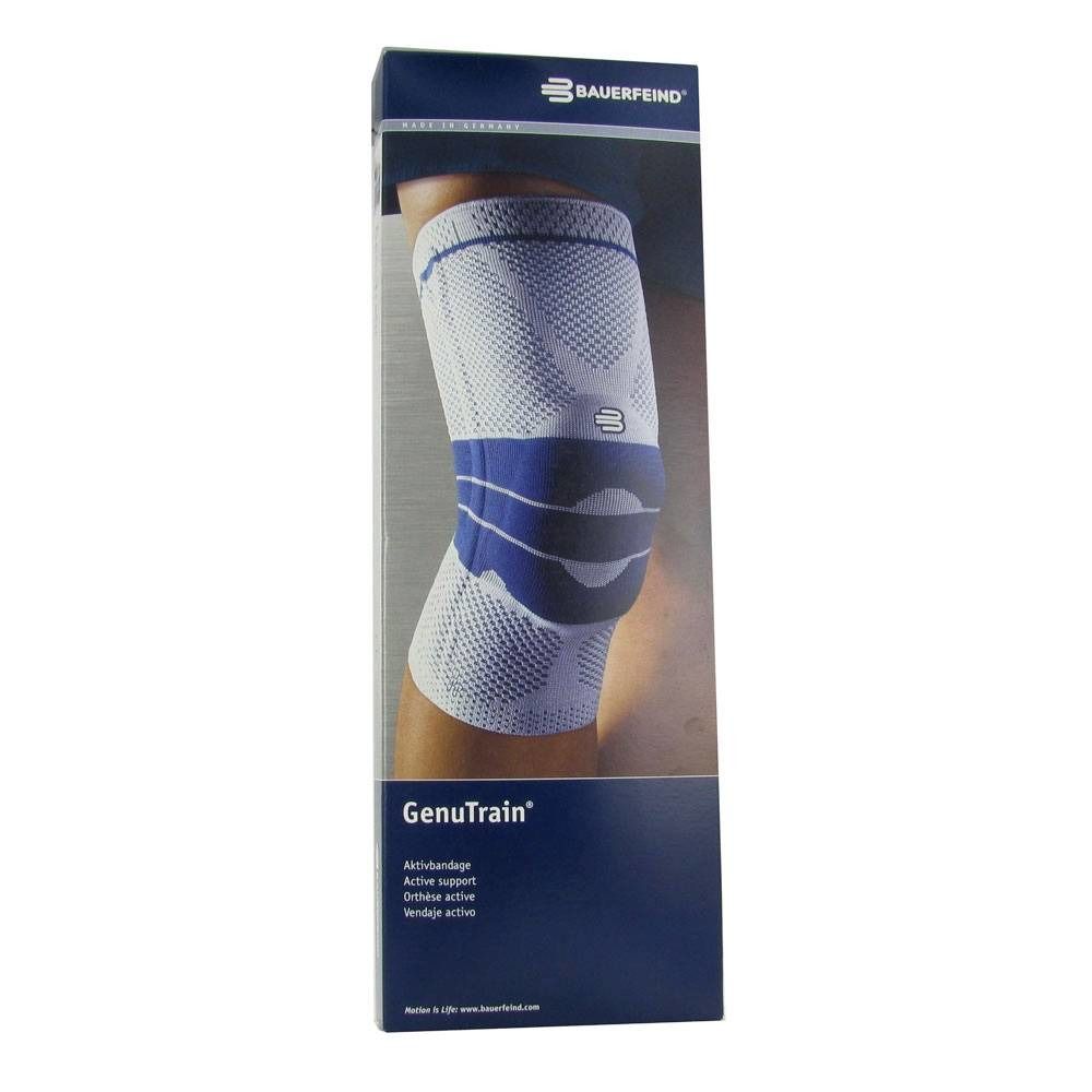 Kniebandage GenuTrain® auf Verpackung. Marke Bauerfeind. Text: Aktivbandage, Kniebandage.