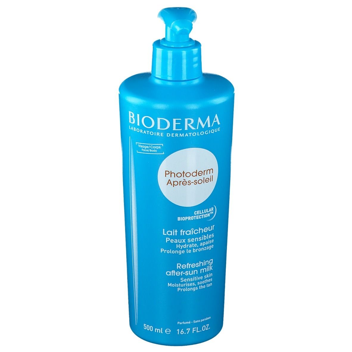 Blauwe Flasche mit BIODERMA-Label und "Photoderm Après-soleil"-Aufschrift. Pumpverschluss. Text in Französisch und Englisch.