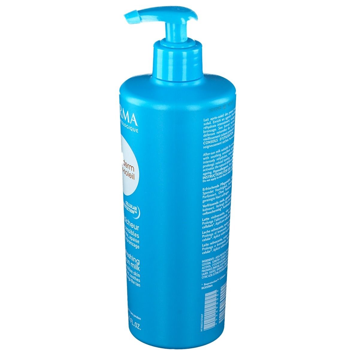 Blaue Flasche mit BIODERMA-Label und Text. Pumpverschluss. Rückseite mit Produktinformationen in mehreren Sprachen.