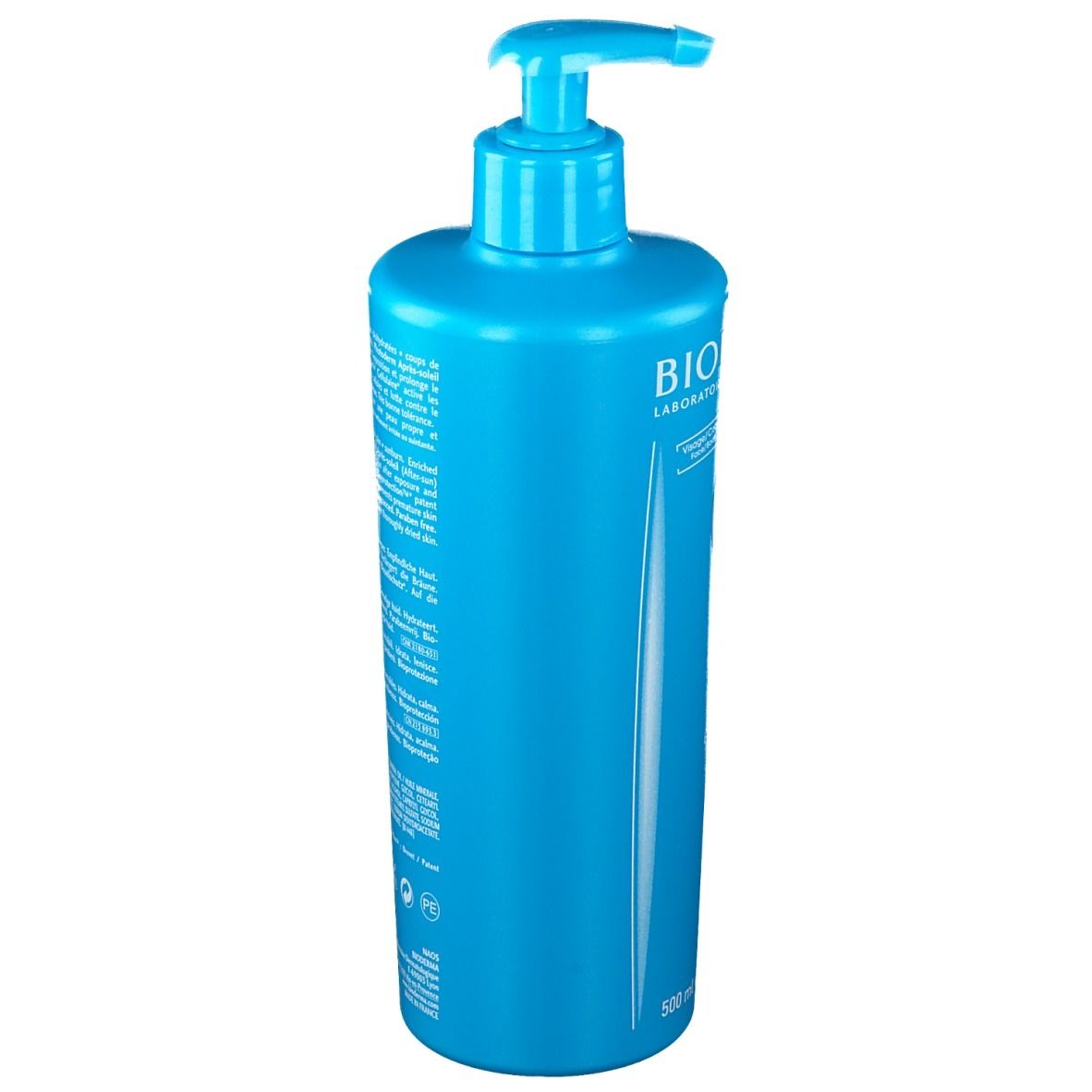 Blaue Flasche mit BIODERMA-Label und Text. Pumpverschluss. Rückseite mit Produktinformationen in mehreren Sprachen.