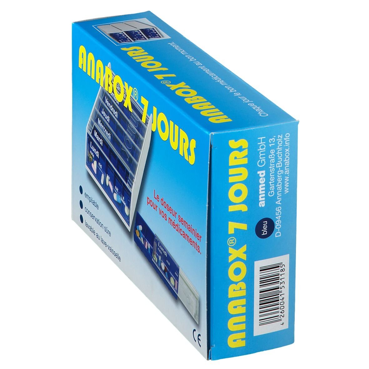 Blauwe verpakking met ANABOX® 7 JOURS. Weekdagen en logo's. Barcode en contactgegevens.