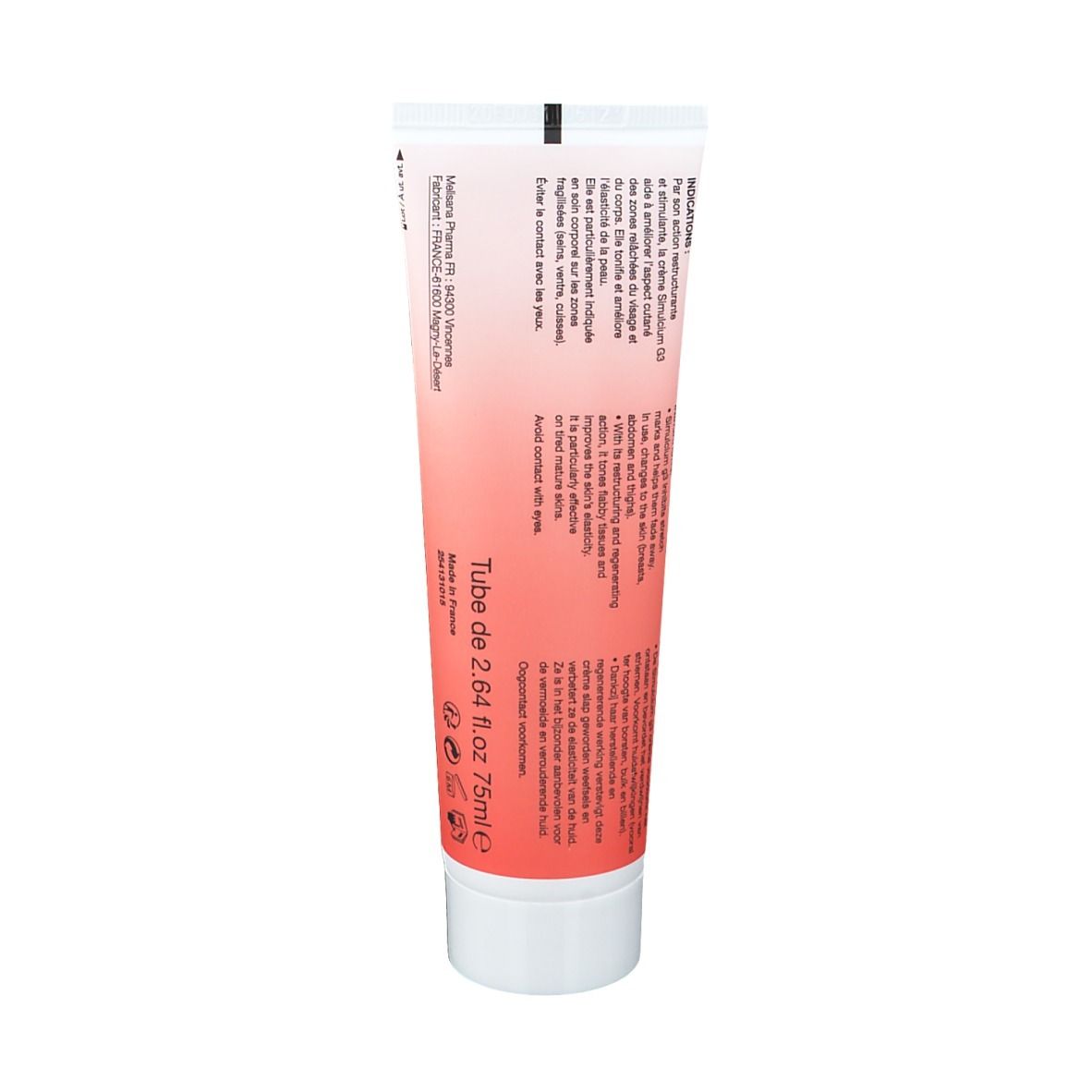 Dos du tube Simulcium G3 Crème Récupération. Rose avec texte multilingue.
