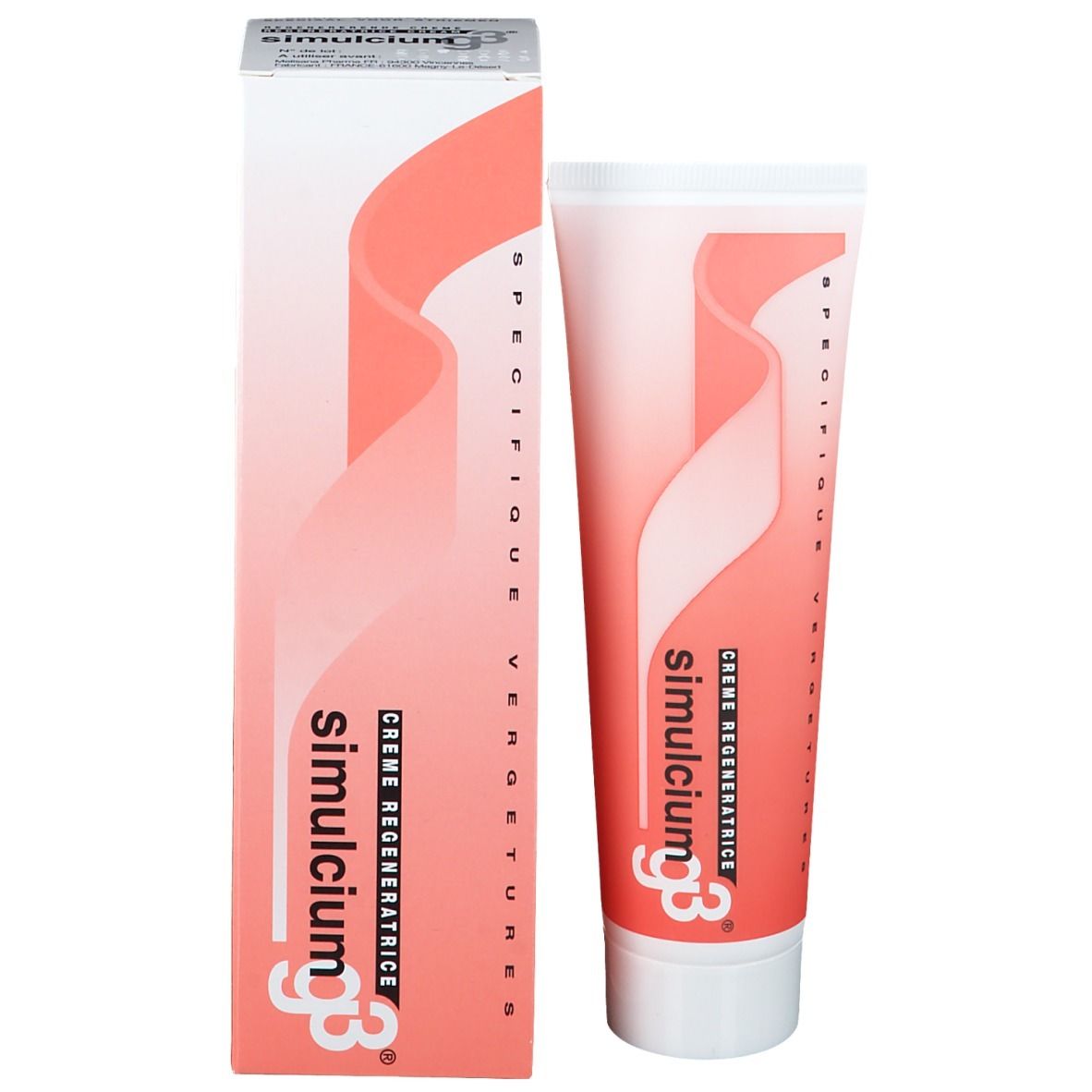 Tube et emballage Simulcium G3 Crème Récupération. Rose et blanc avec texte.