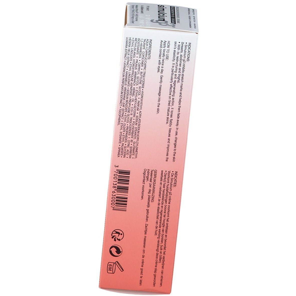 Emballage Simulcium G3 Crème Récupération. Rose et blanc avec texte multilingue.