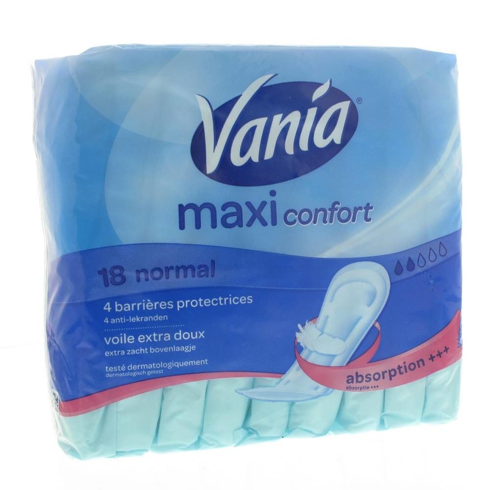 Verpakking Vania Maxi Normal. Blauwe verpakking met productafbeelding. Bevat 18 stuks. Met 4 beschermende barrières.