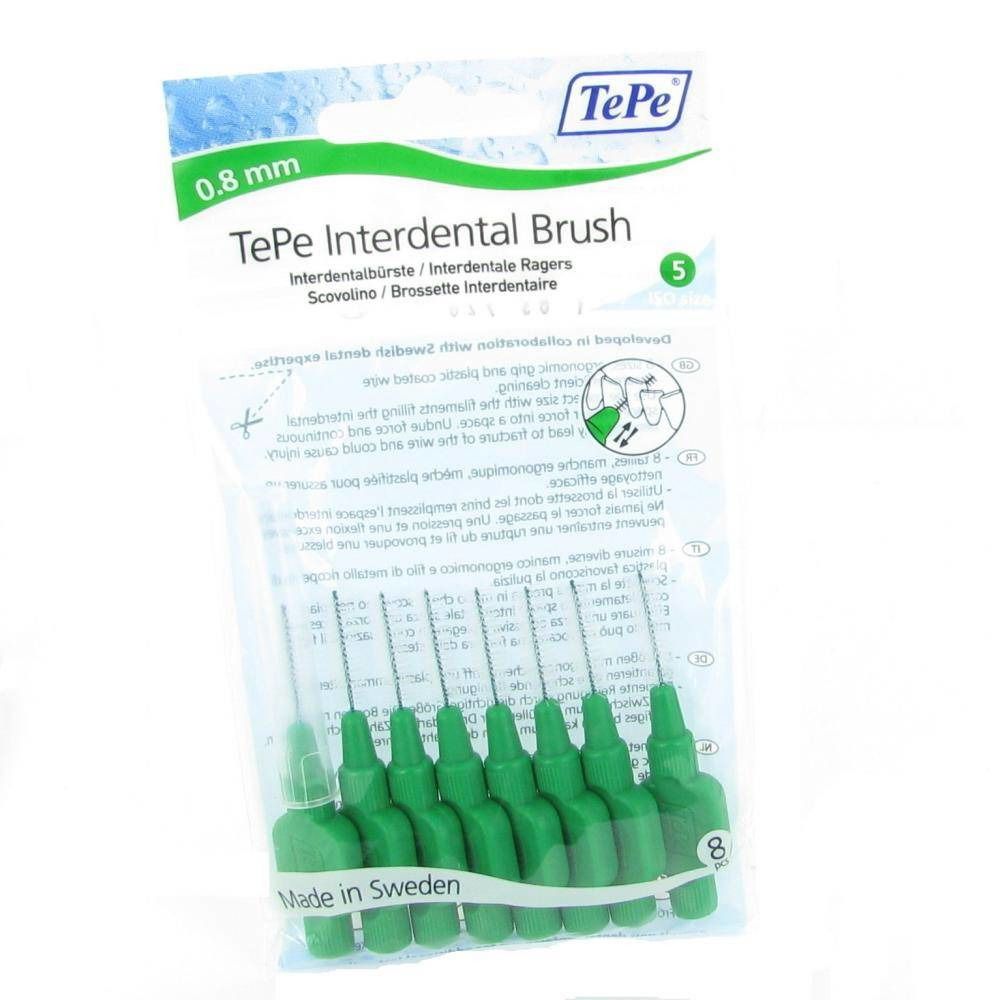 Paquet de brossettes interdentaires TePe vertes, 0,8 mm. 8 pièces. Inscription : TePe Interdental Brush.
