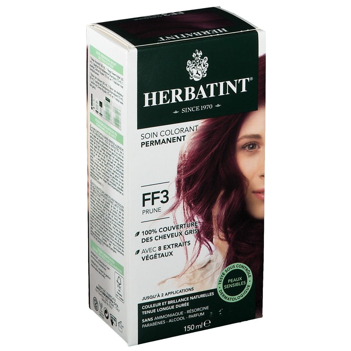 HERBATINT® Haarfarbe Box. FF3 Prune. 100% Grauhaarabdeckung. Mit Pflanzenextrakten. Für empfindliche Haut. 150 ml.