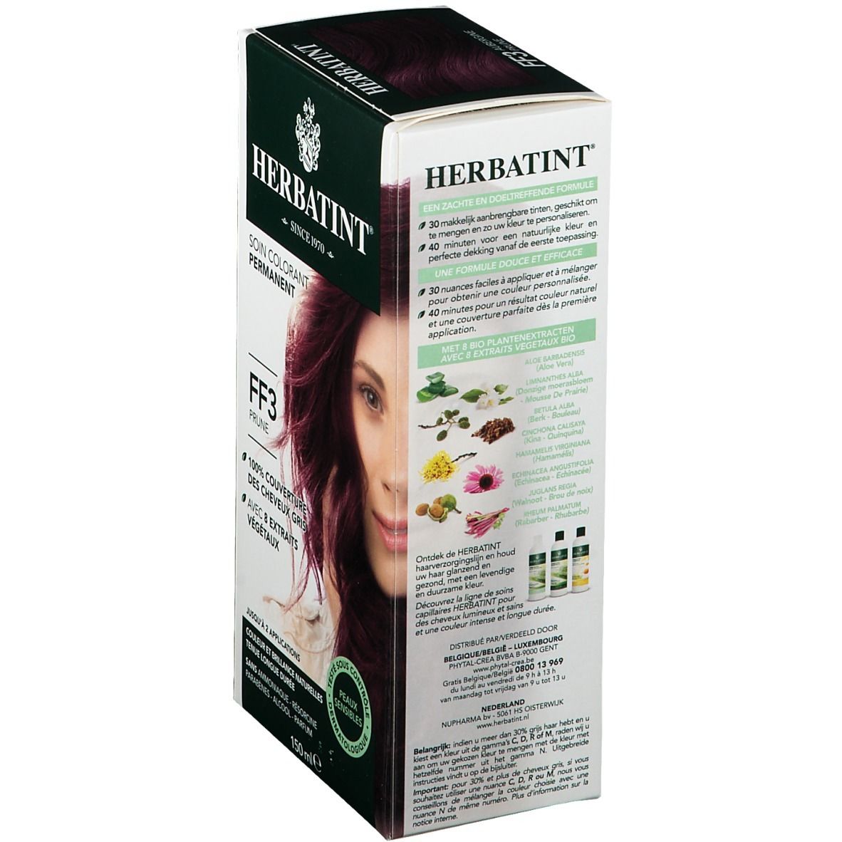 HERBATINT® Haarfarbe Box. FF3 Prune. Rückseite mit Inhaltsstoffen und Anwendungshinweisen. Für empfindliche Haut. 150 ml.