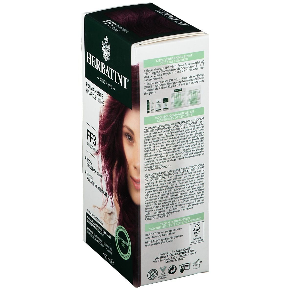 HERBATINT® Haarfarbe Box. FF3 Aubergine. Rückseite mit Inhaltsstoffen und Anwendungshinweisen. Für empfindliche Haut. 150 ml.