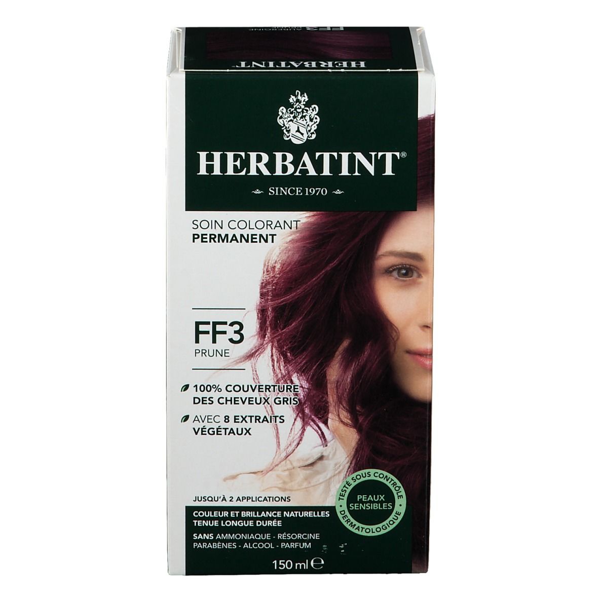 HERBATINT® Haarfarbe Box. FF3 Prune. 100% Grauhaarabdeckung. Mit Pflanzenextrakten. Für empfindliche Haut. 150 ml.
