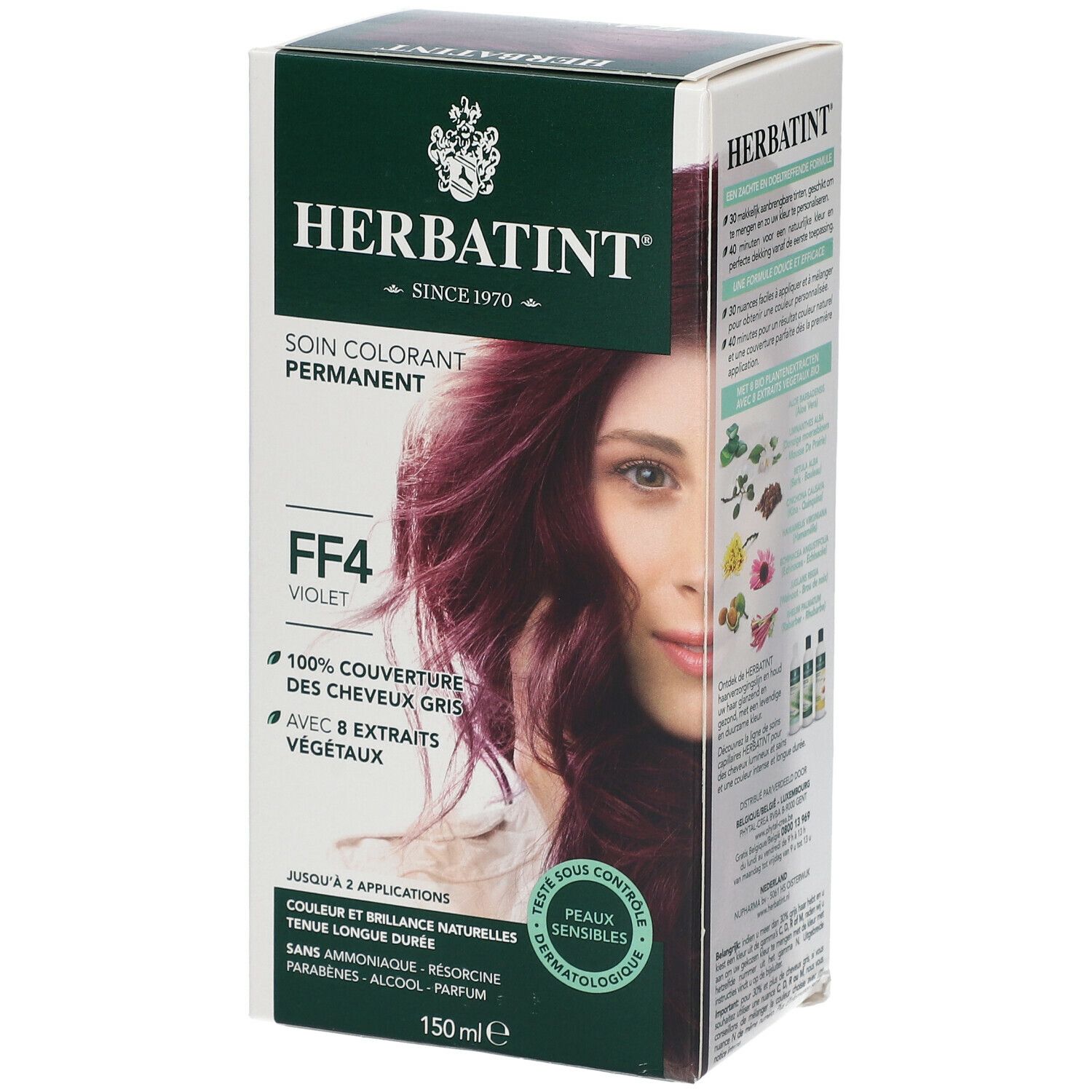 Boîte HERBATINT® Gel Permanent FF4 Violett. Visage de femme avec cheveux violets. Inscriptions sur les ingrédients et les caractéristiques.
