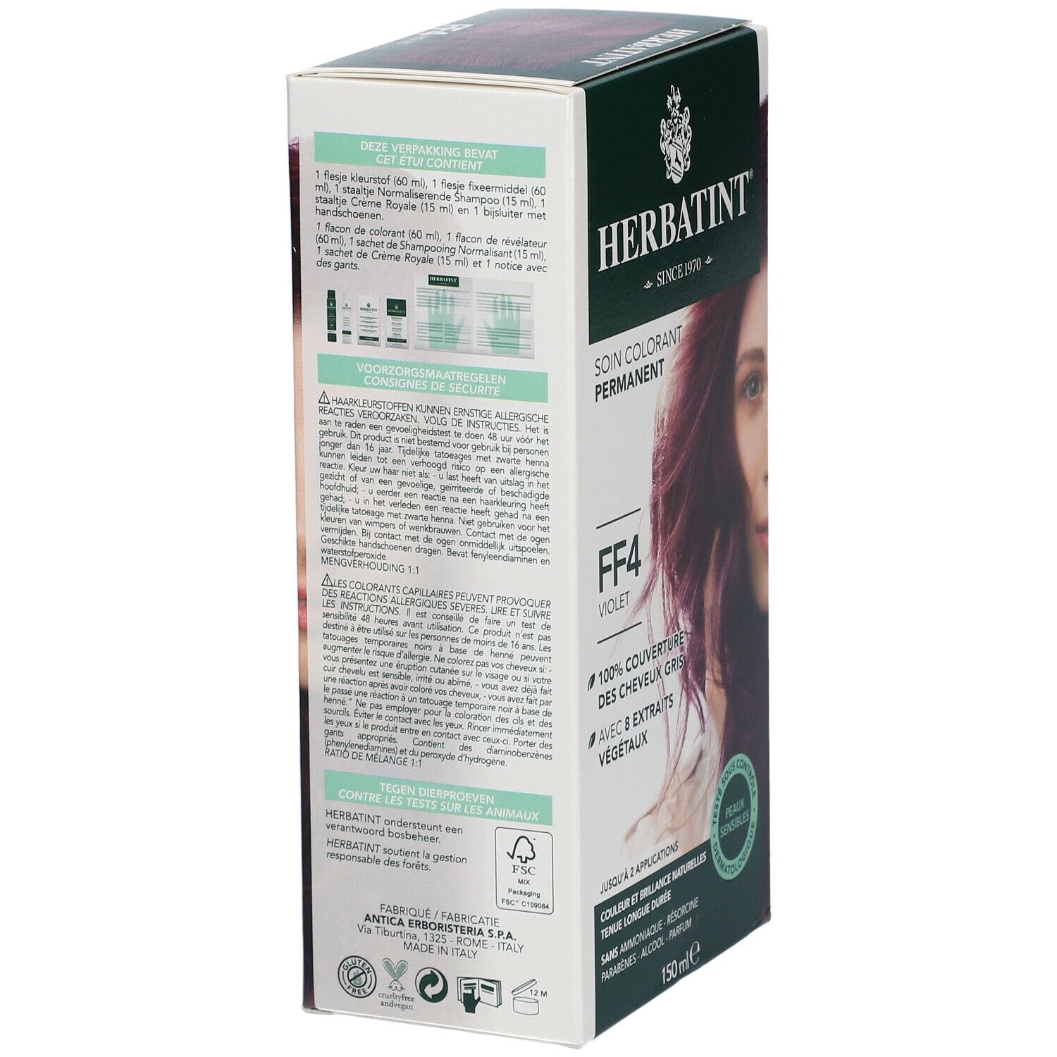 Boîte HERBATINT® Gel Permanent FF4 Violett, dos. Informations produit, instructions et illustrations. Texte en plusieurs langues.