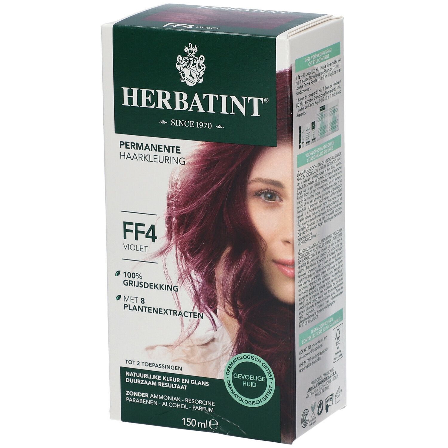 Boîte HERBATINT® Gel Permanent FF4 Violett. Visage de femme avec cheveux violets. Inscriptions sur les ingrédients et les caractéristiques.