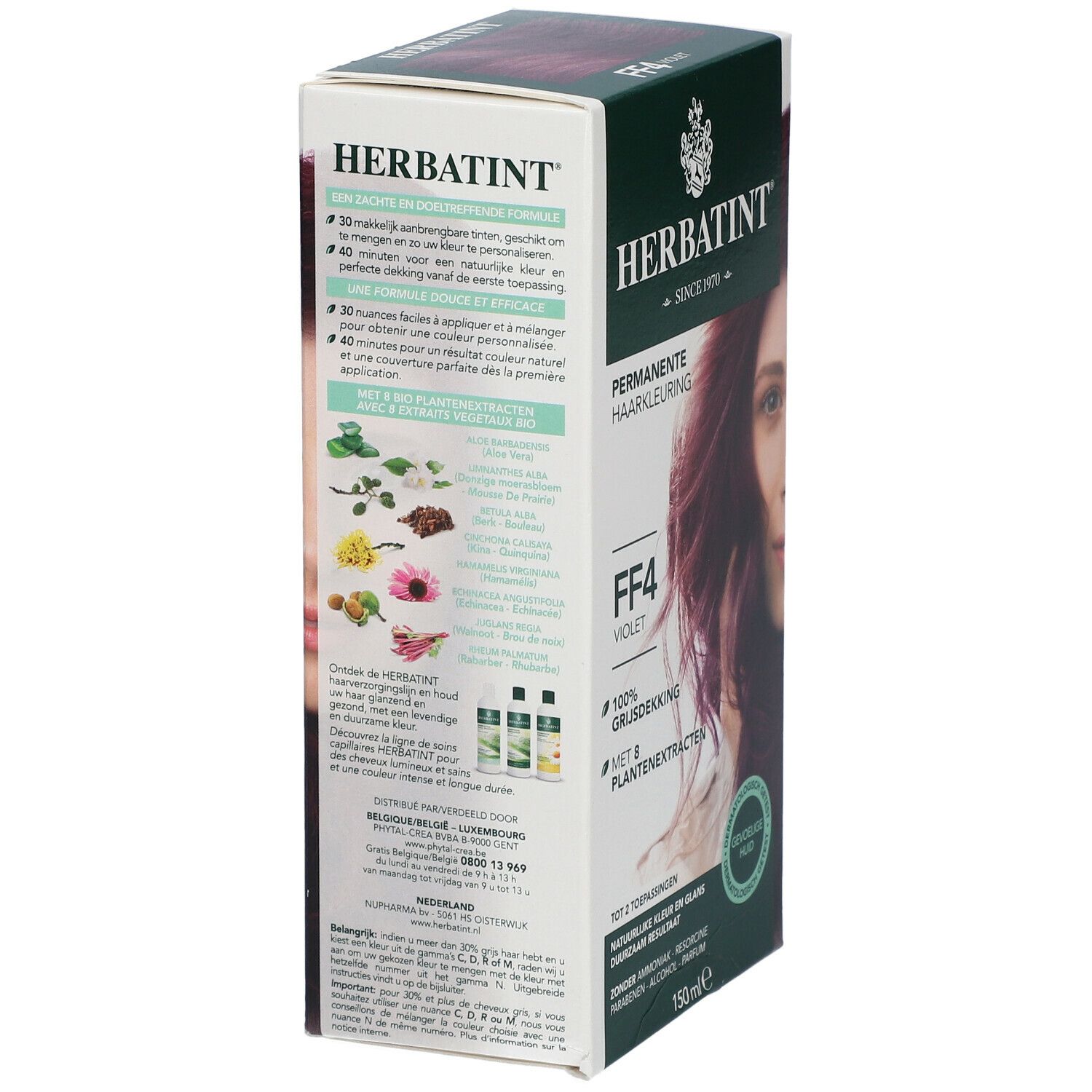 Boîte HERBATINT® Gel Permanent FF4 Violett, dos. Informations produit, instructions et illustrations. Texte en plusieurs langues.