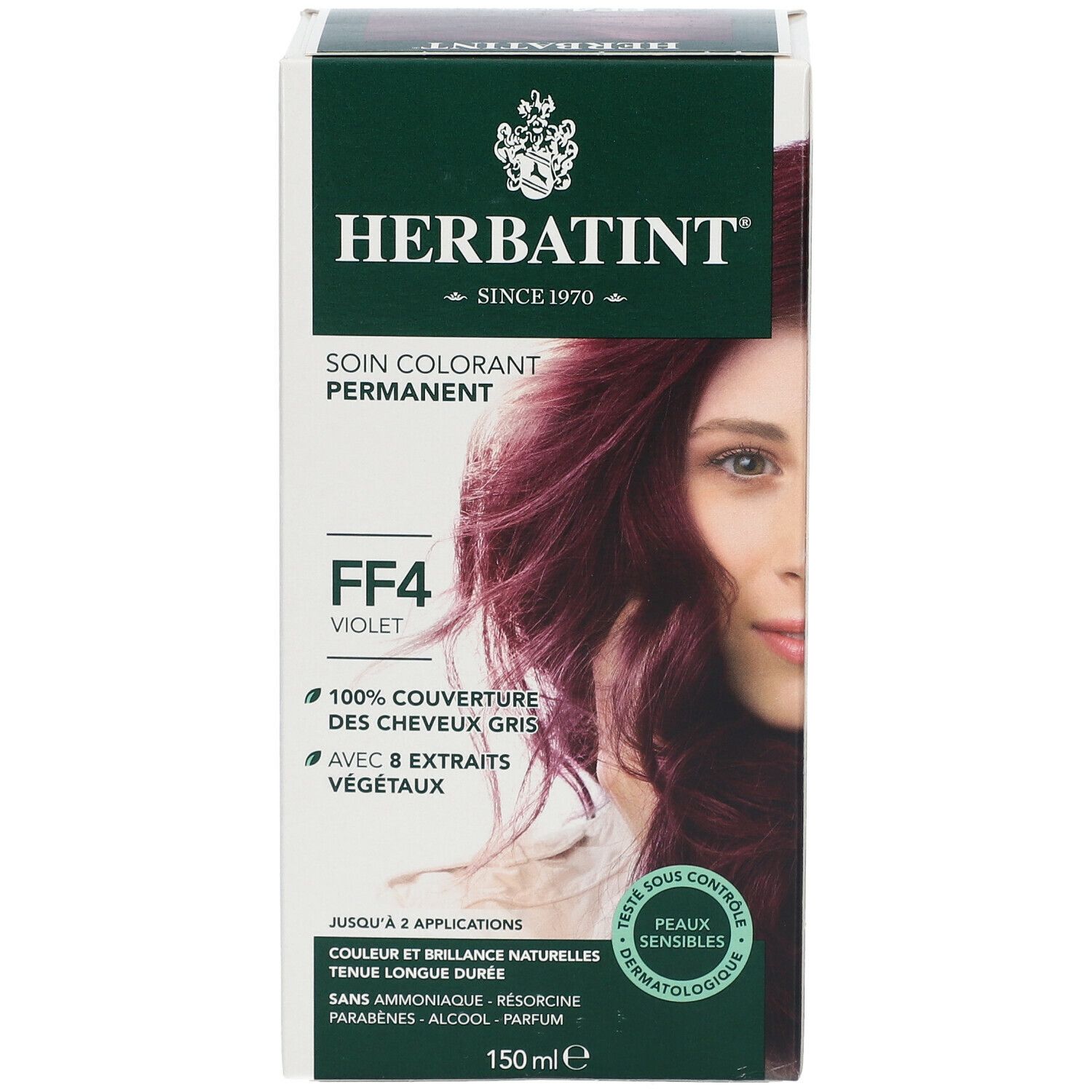 Boîte HERBATINT® Gel Permanent FF4 Violett. Visage de femme avec cheveux violets. Inscriptions sur les ingrédients et les caractéristiques.