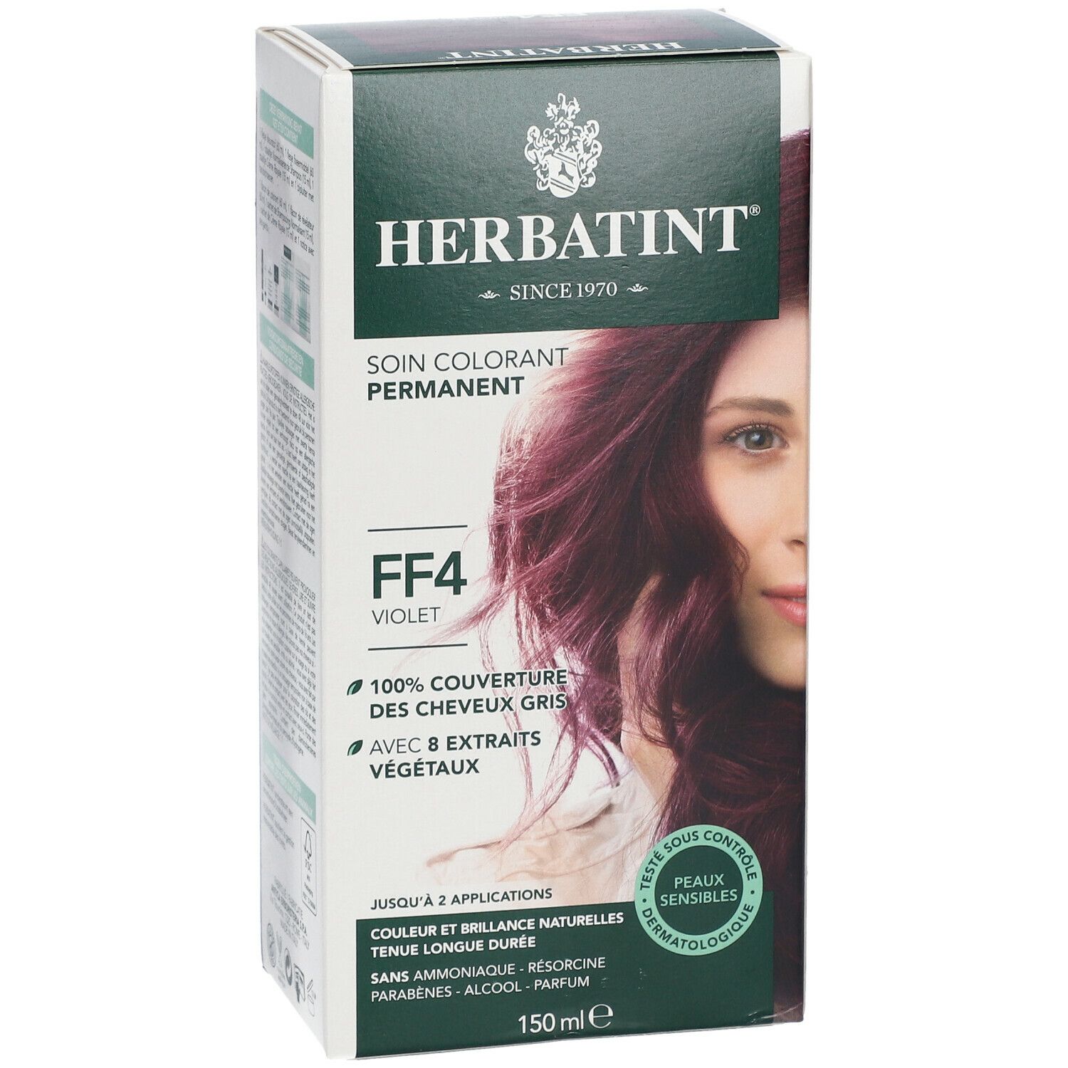 Boîte HERBATINT® Gel Permanent FF4 Violett. Visage de femme avec cheveux violets. Inscriptions sur les ingrédients et les caractéristiques.