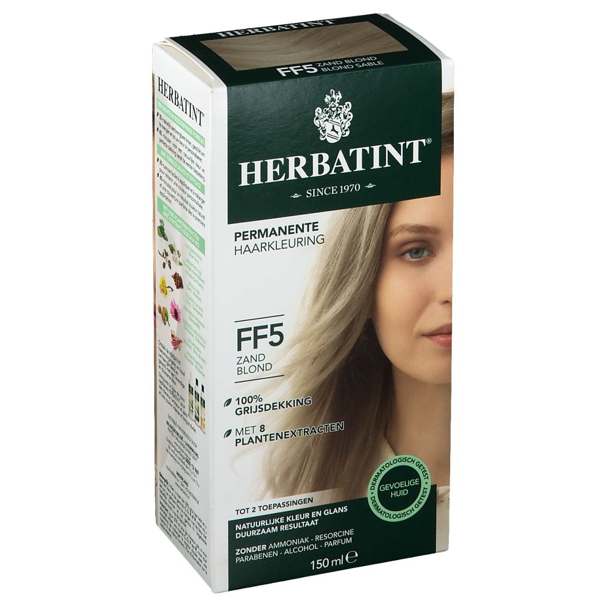 HERBATINT® Haarfarbe Flash Mode Sand Blond FF5. Verpackung mit Produktabbildung und Text. Dermatologisch getestet.