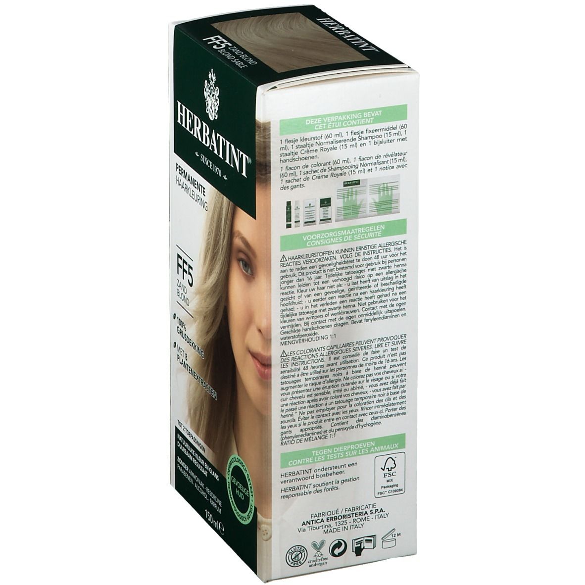 HERBATINT® Haarfarbe Flash Mode Sand Blond FF5. Verpackung, Rückseite mit Text und Produktabbildungen. Dermatologisch getestet.