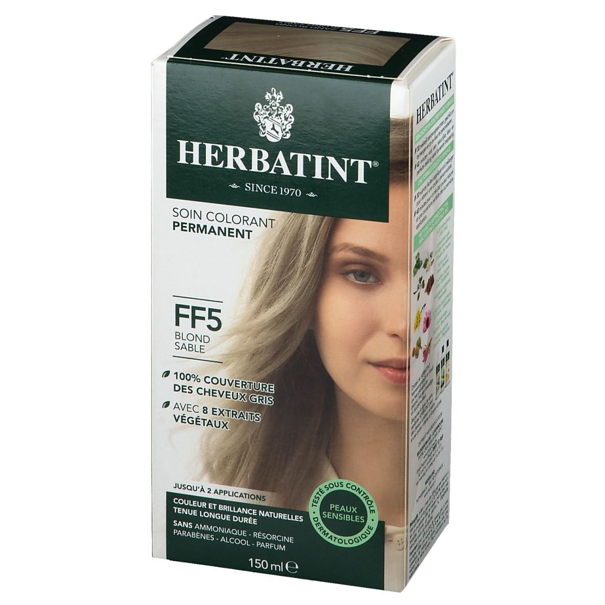 HERBATINT® Haarfarbe Flash Mode Sand Blond FF5. Verpackung mit Produktabbildung und Text. Dermatologisch getestet.