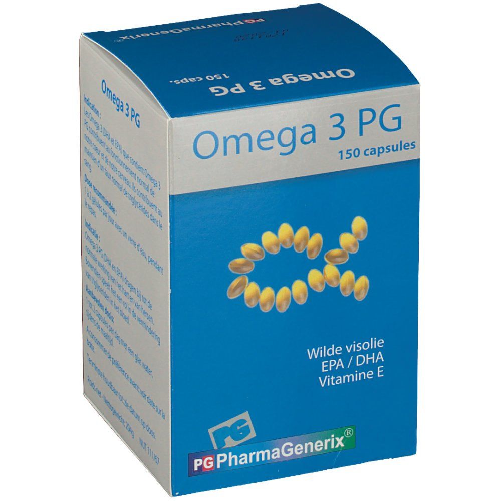 Blauw-witte doos Omega 3 PG. Opschrift: Omega 3 PG, 150 capsules. Afbeelding van capsules in alfa-vorm. PG PharmaGenerix logo.