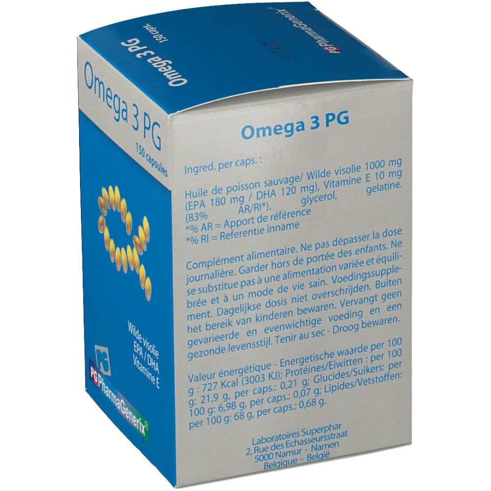 Achterkant van de Omega 3 PG doos. Tekst over ingrediënten, voedingswaarde en fabrikant. PG PharmaGenerix logo.