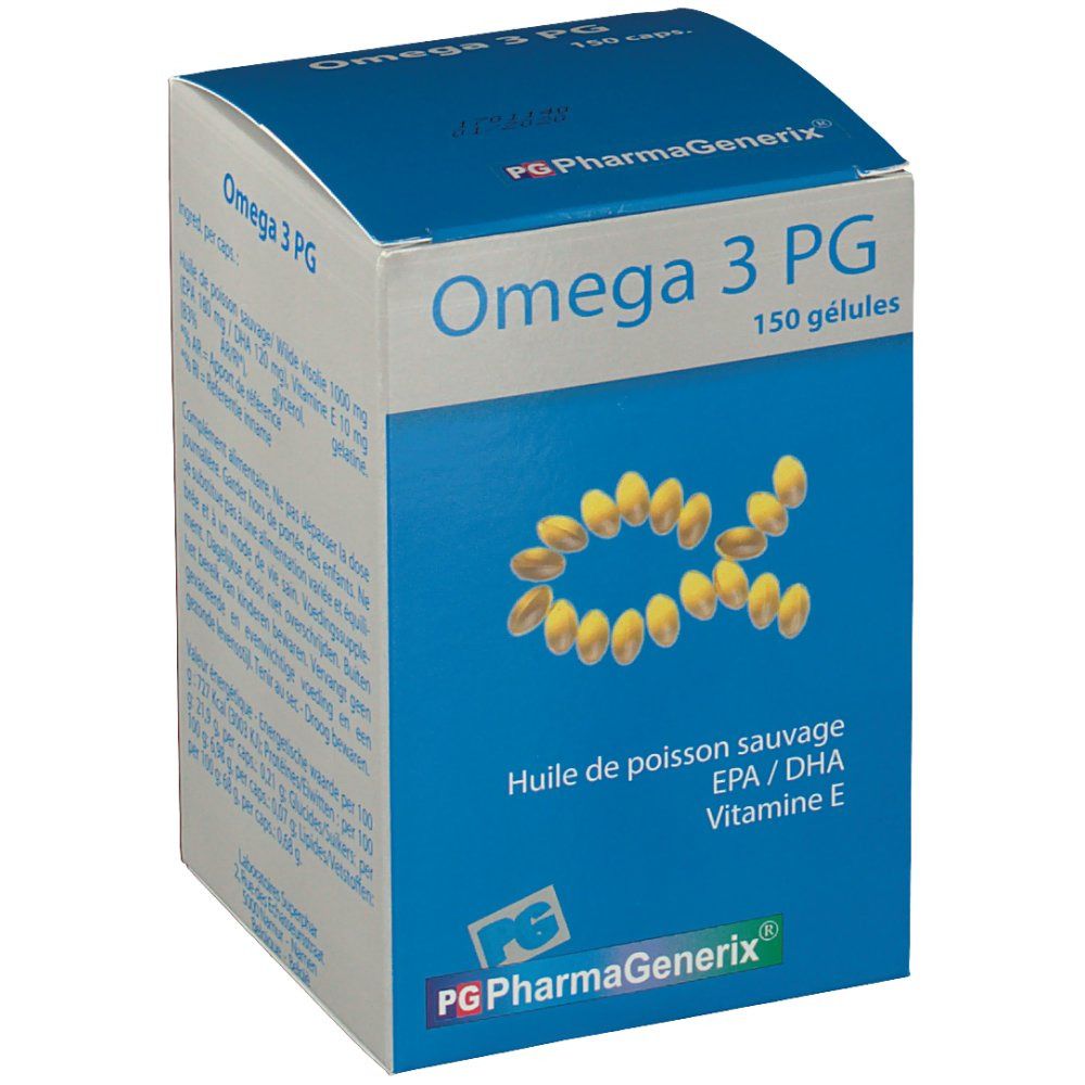 Omega 3 PG doos, zijaanzicht. Opschrift: Omega 3 PG, 150 capsules. Afbeelding van capsules in alfa-vorm. PG PharmaGenerix logo.