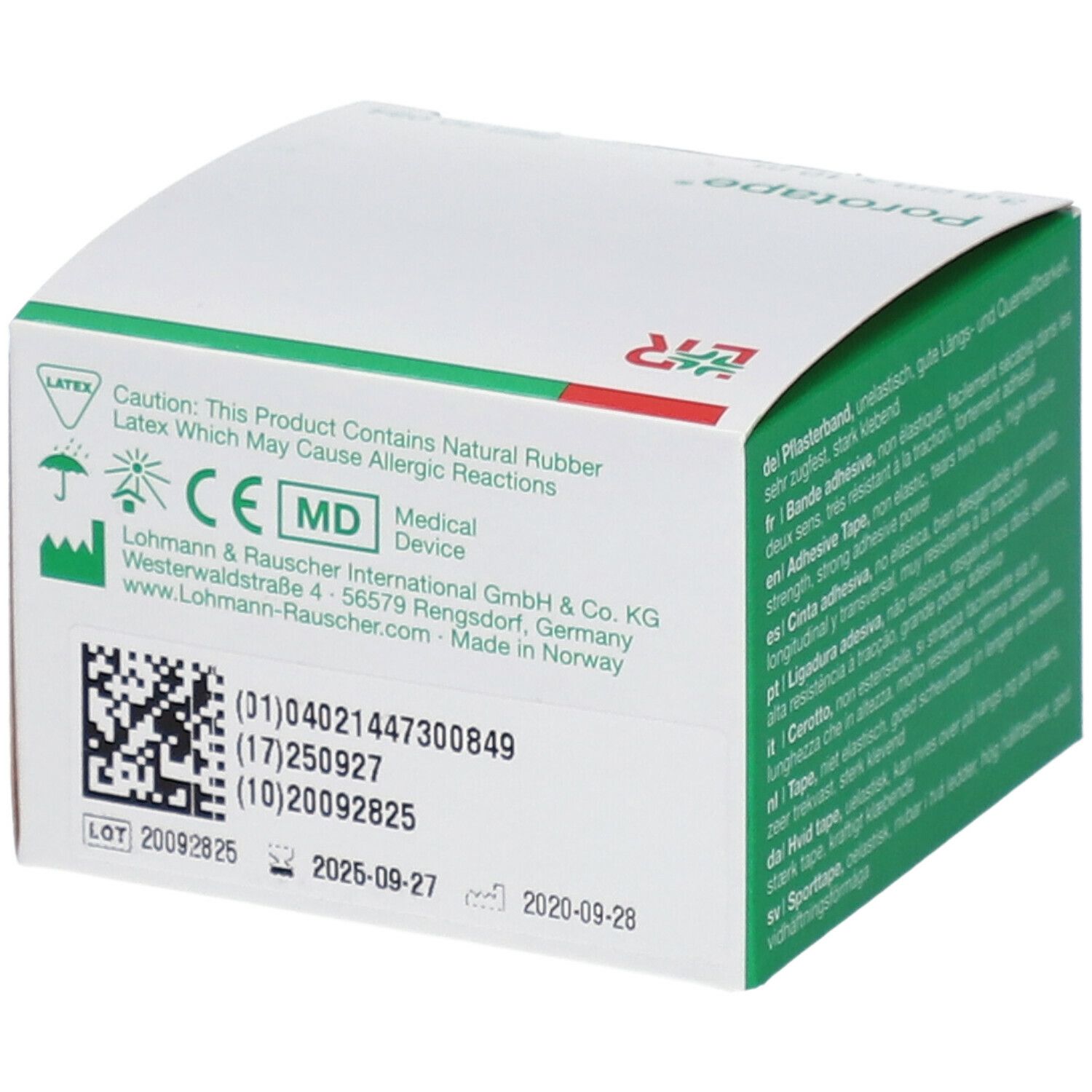 Dos de la boîte de Porotape®. Inscriptions : marquage CE, avertissement, adresse du fabricant, numéro de lot, date de péremption.