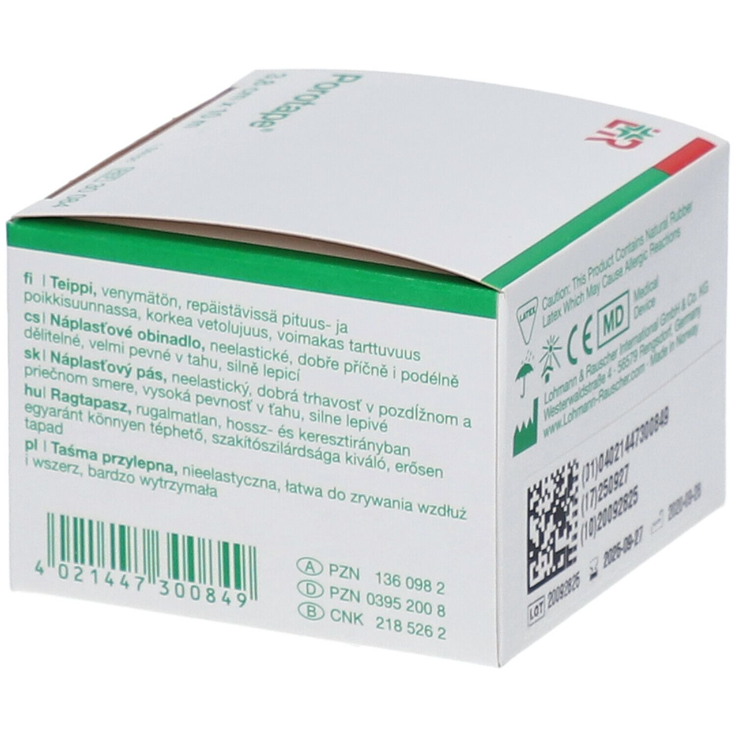 Dos de la boîte de Porotape®. Inscriptions : PZN, CNK, numéro de lot, date de péremption, avertissement, marquage CE.
