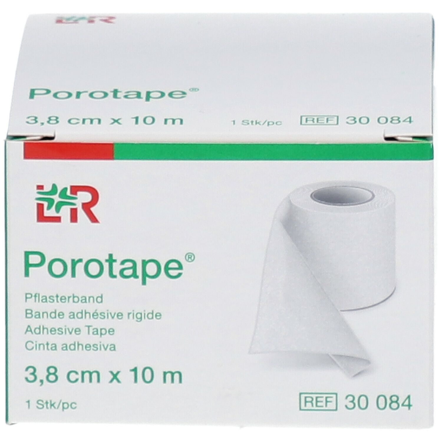 Boîte de Porotape® avec rouleau. Dimensions : 3,8 cm x 10 m. Inscriptions : marque, nom du produit, dimensions, REF 30 084.